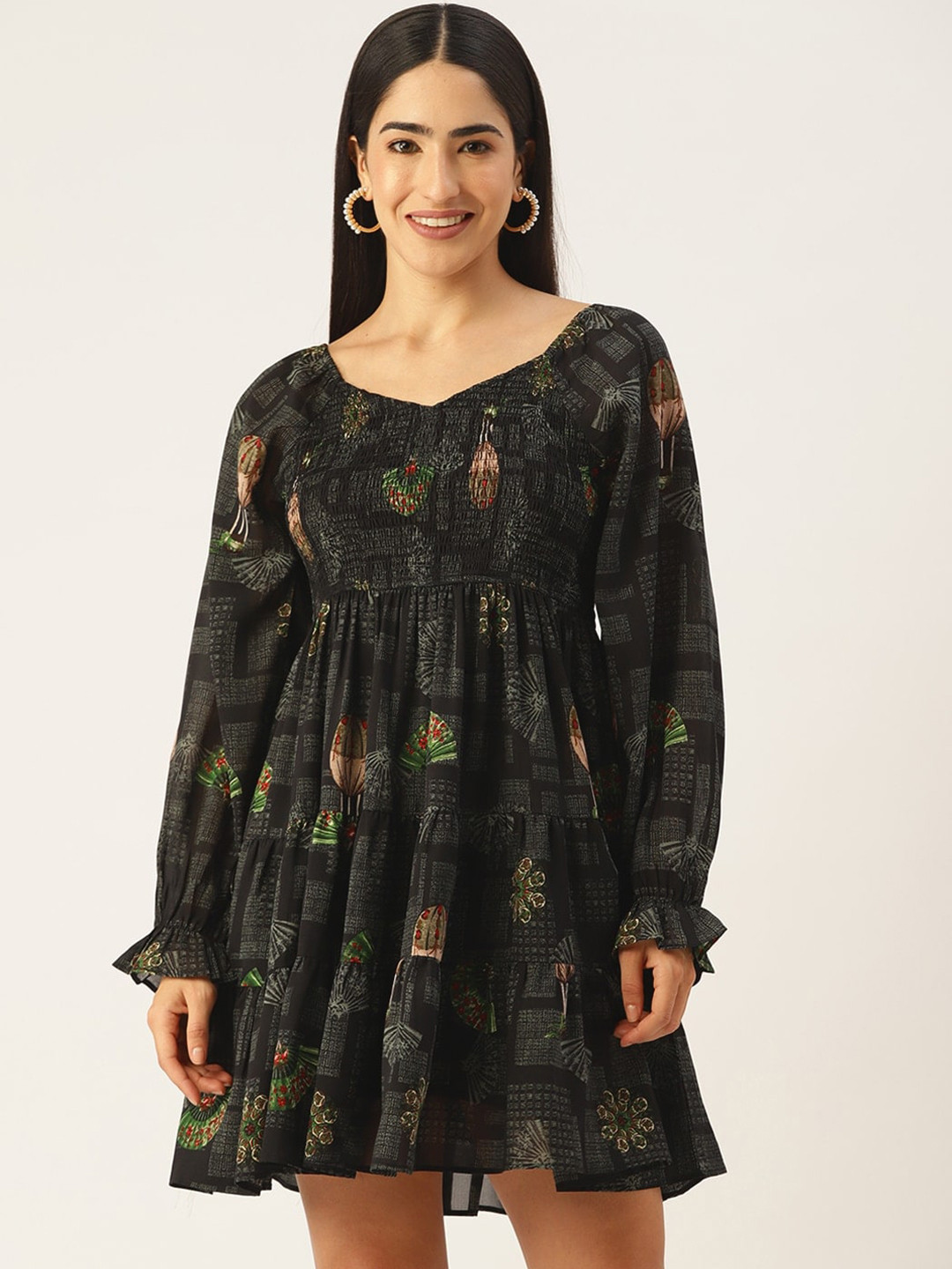 

Slenor Floral Print Tie-Up Neck Puff Sleeve Georgette Empire Dress, Green