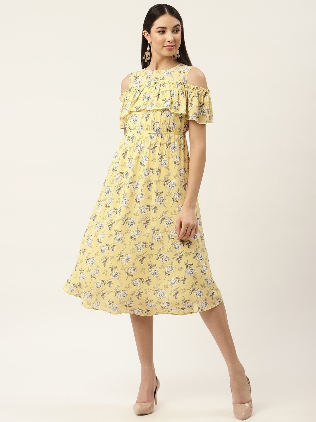 

Slenor Floral Print Cold-Shoulder Georgette Fit & Flare Midi Dress, Yellow