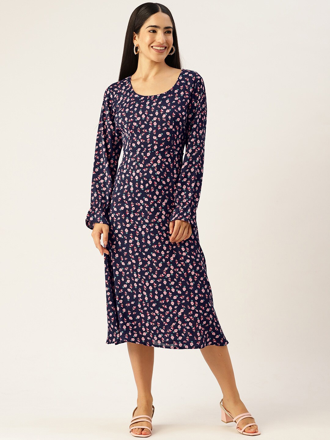 

Slenor Floral Print Crepe A-Line Midi Dress, Navy blue