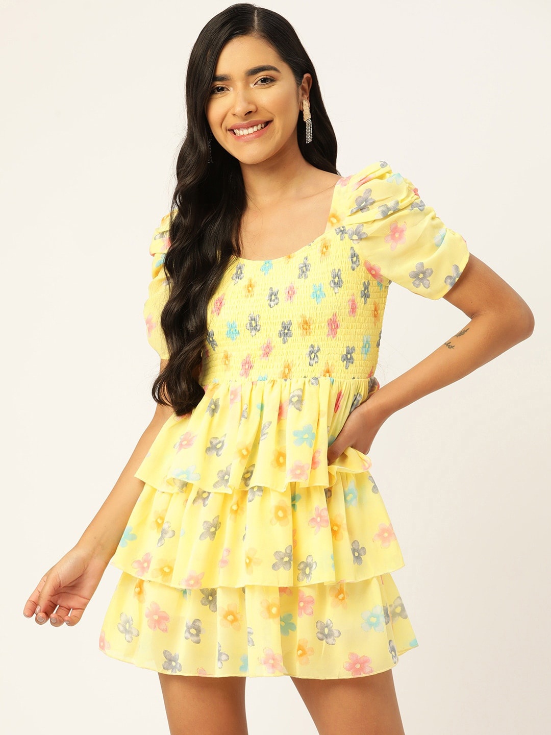 Slenor Floral Print Puff Sleeve Ruffled Georgette Fit & Flare Dress, Yellow