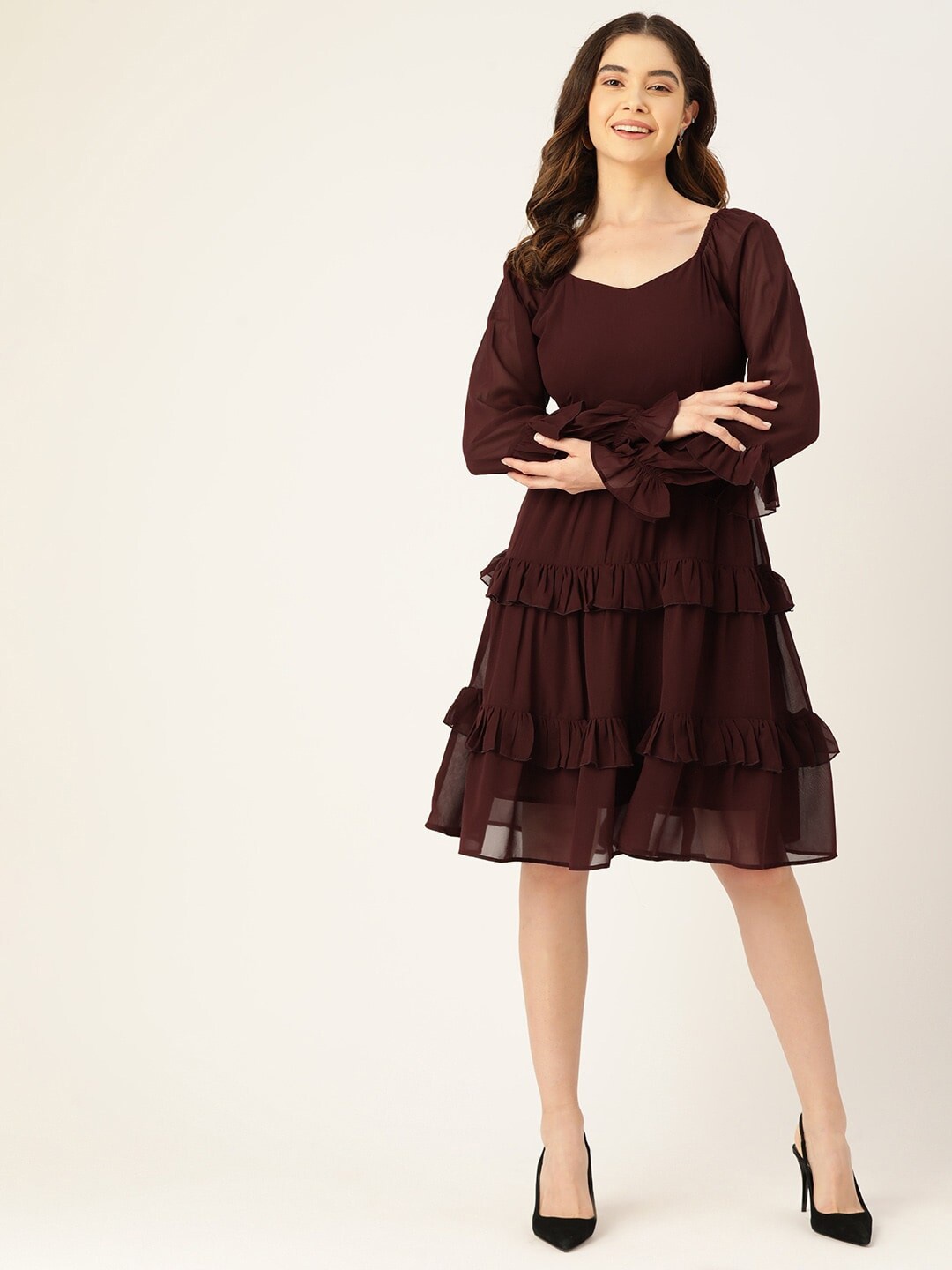 

Slenor Puff Sleeve Ruffled Georgette Fit & Flare Dress, Maroon
