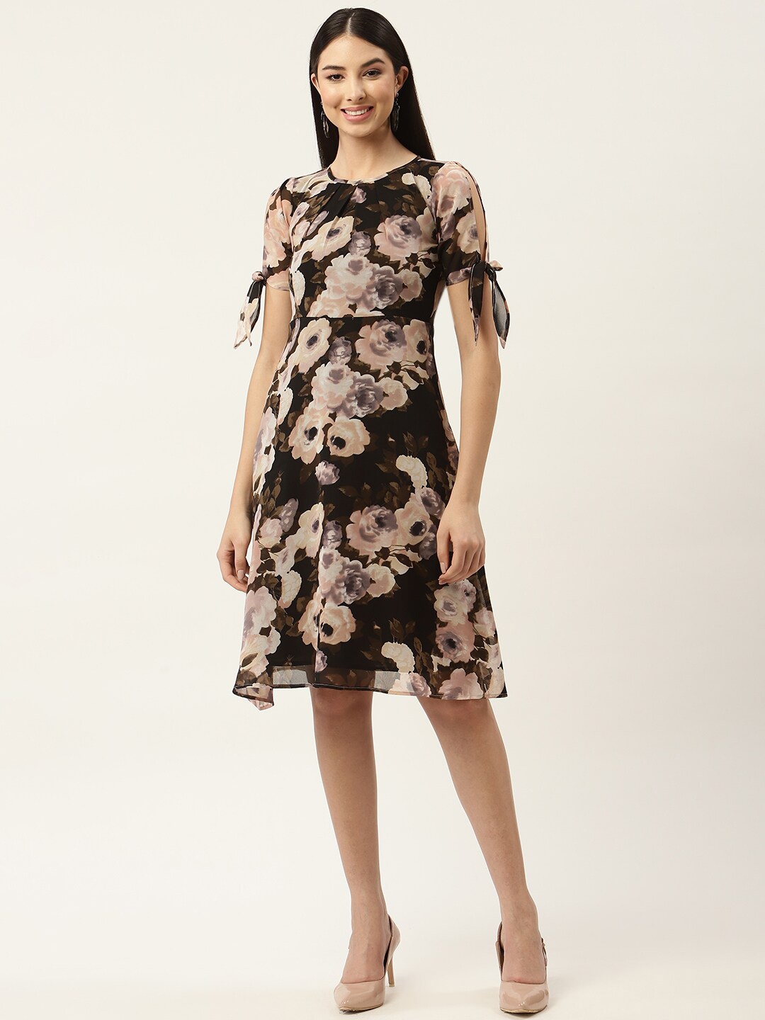 

Slenor Floral Print Georgette Fit & Flare Dress, Black