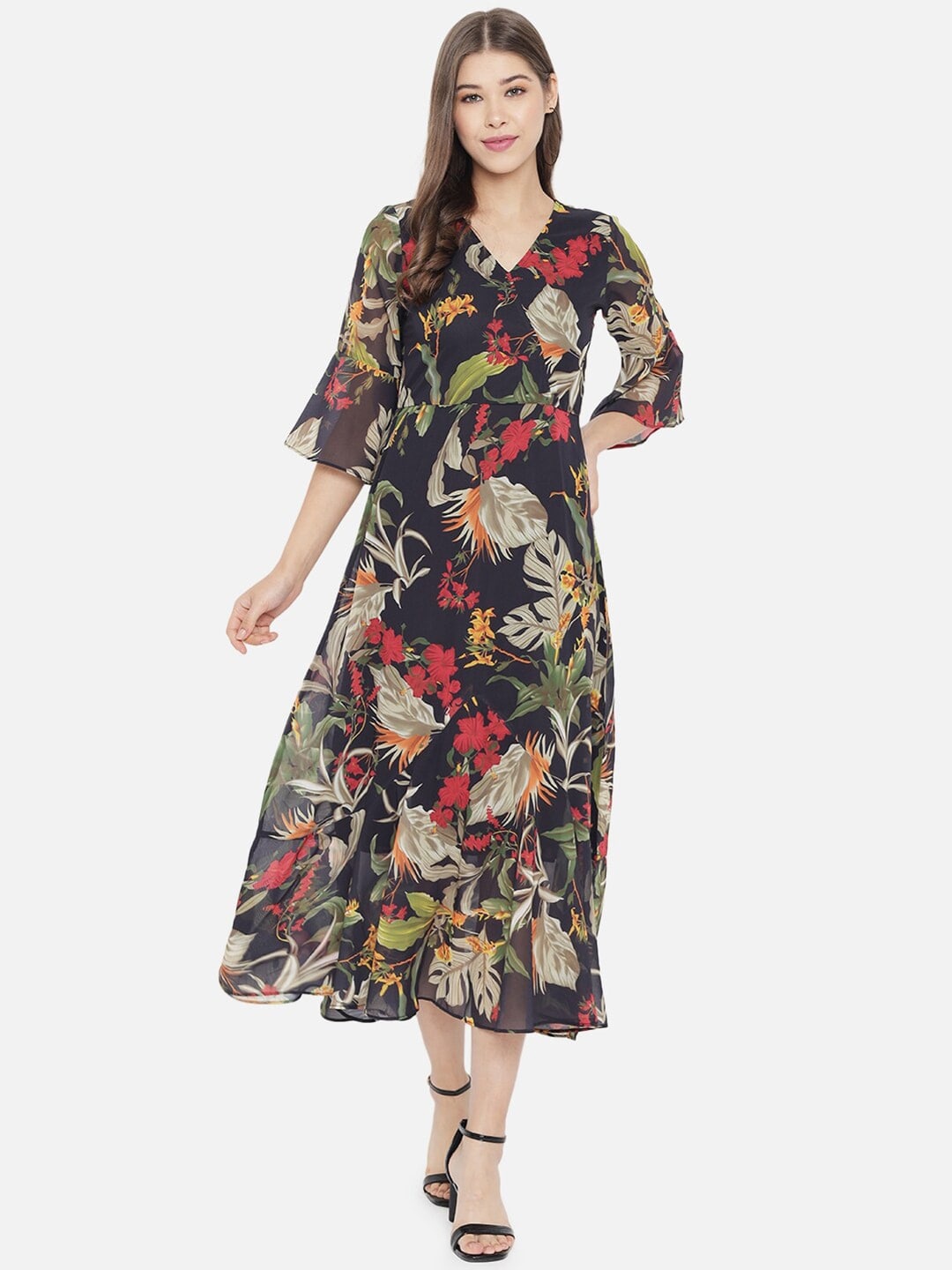 Slenor Floral Print Bell Sleeve Georgette Midi Dress, Multi
