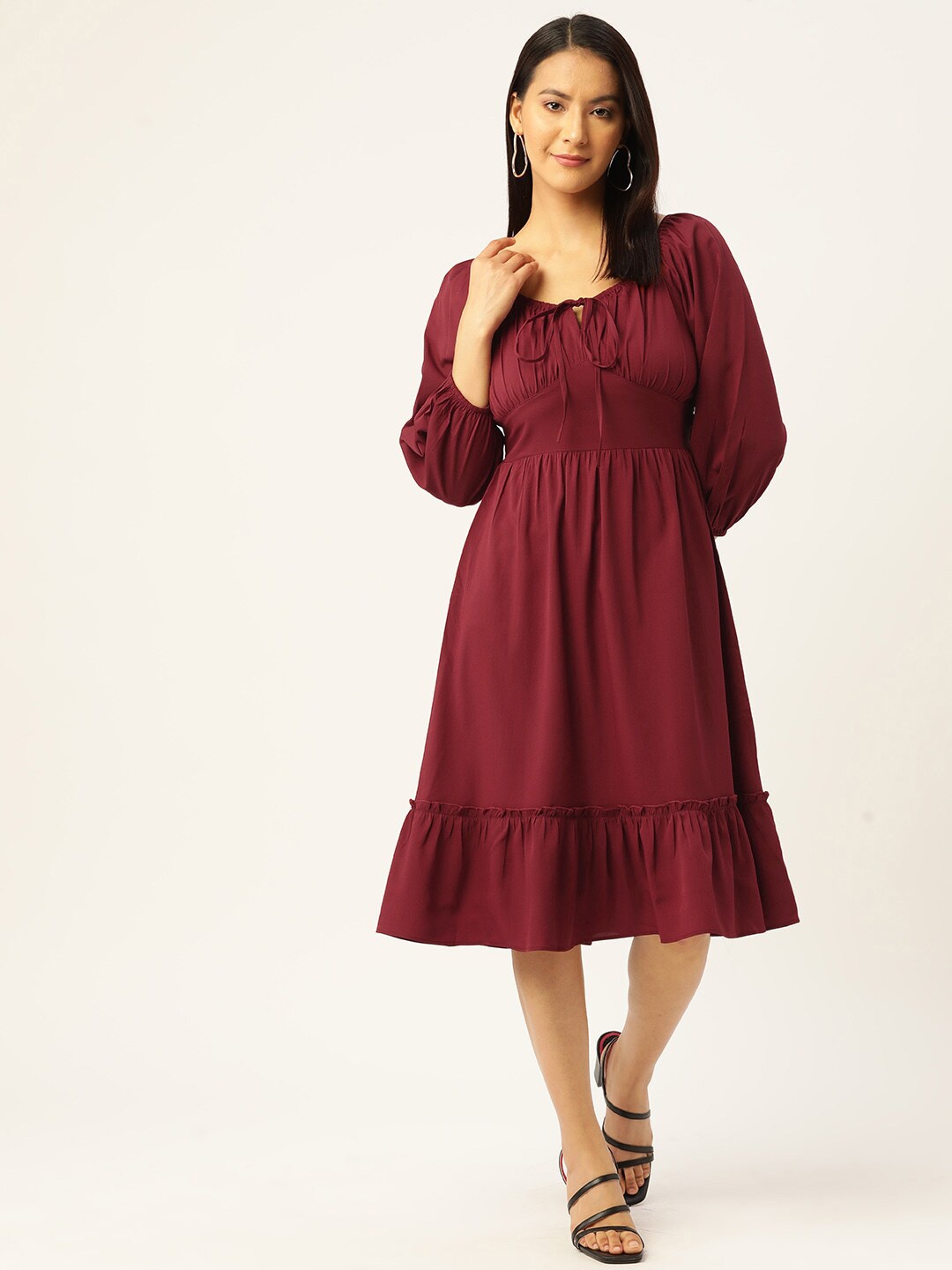 

Slenor Tie-Up Neck Puff Sleeve Georgette Fit & Flare Midi Dress, Maroon