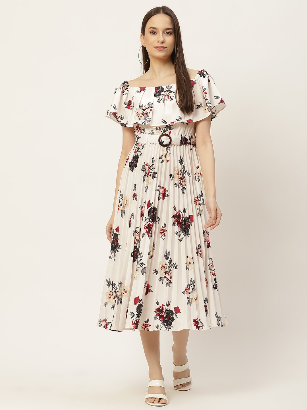 

Slenor Floral Print Off-Shoulder Puff Sleeve Layered Crepe Fit & Flare Midi Dress, White