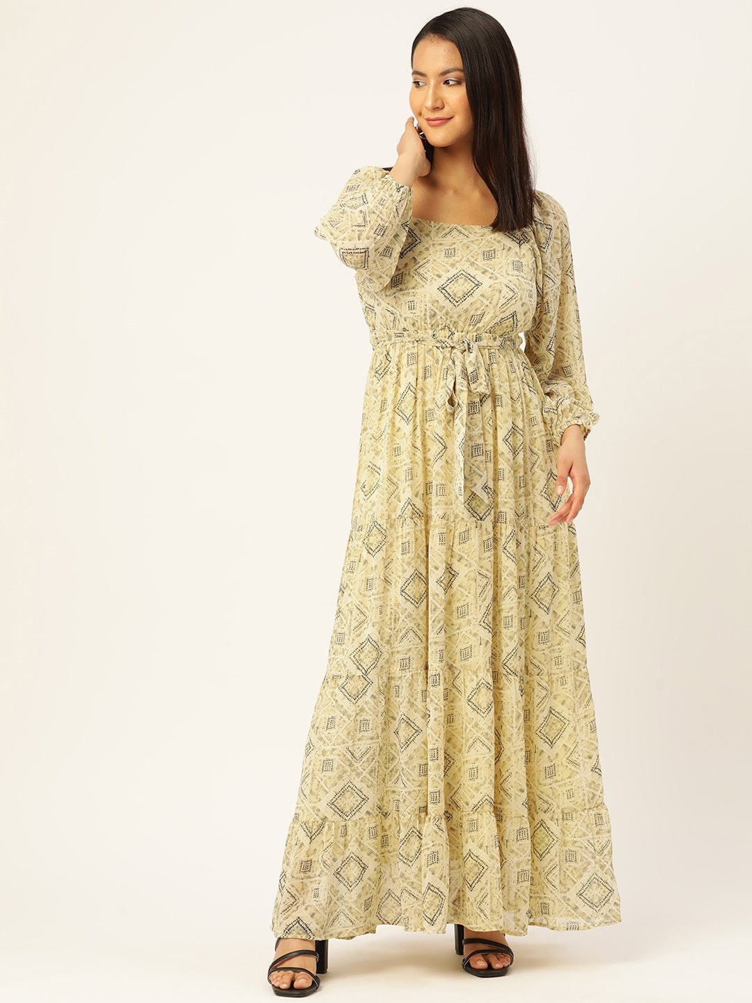 

Slenor Floral Print Puff Sleeve Georgette Maxi Dress, Yellow