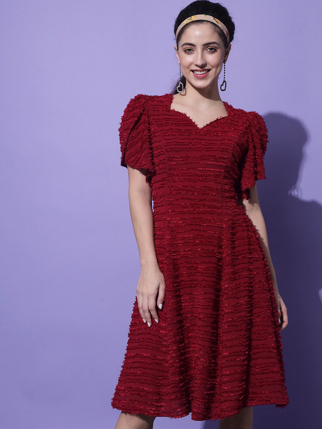 

Slenor Puff Sleeve Georgette Fit & Flare Dress, Maroon