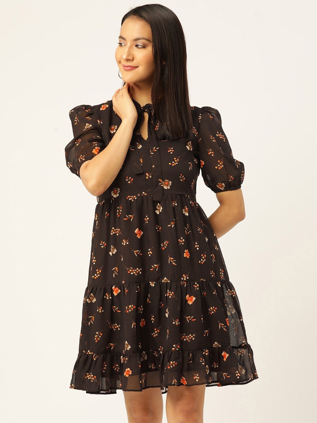 

Slenor Floral Print Tie-Up Neck Puff Sleeve Georgette Fit & Flare Dress, Brown