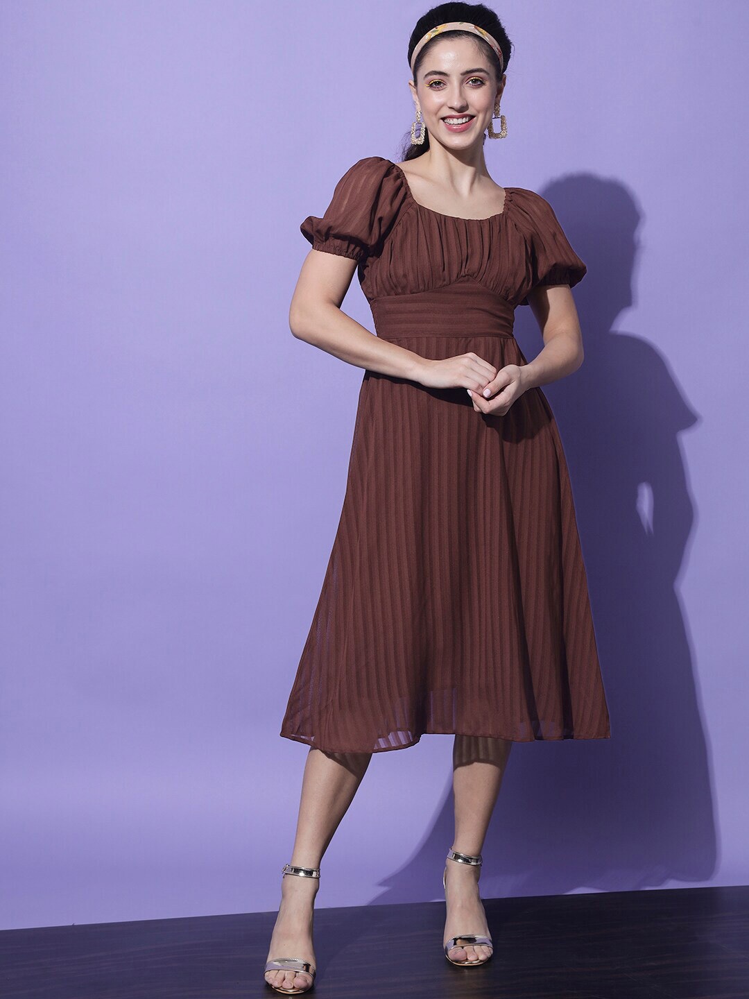 

Slenor Striped Puff Sleeve Georgette Fit & Flare Midi Dress, Brown