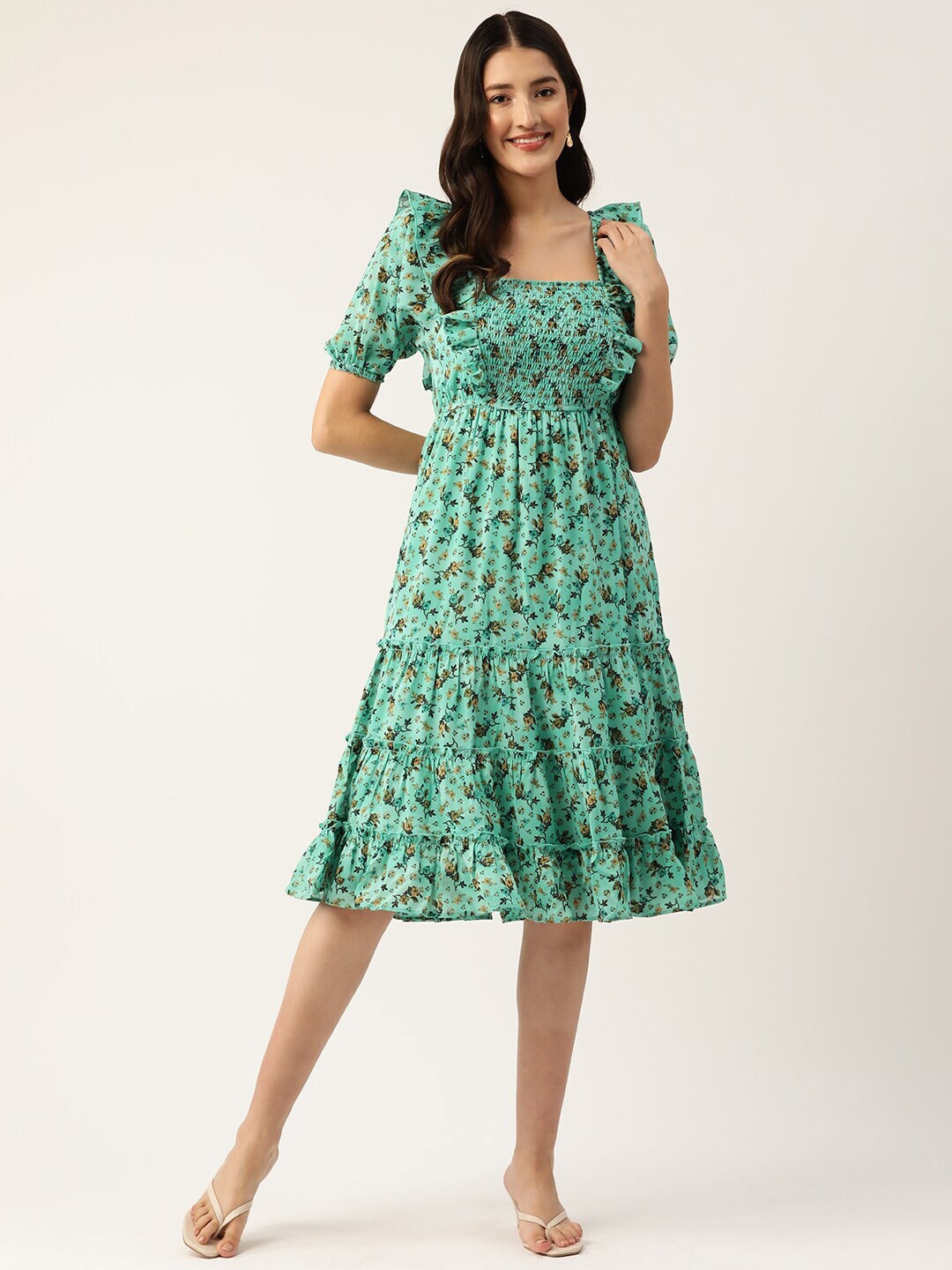 

Slenor Floral Print Cold-Shoulder Georgette Fit & Flare Dress, Turquoise blue