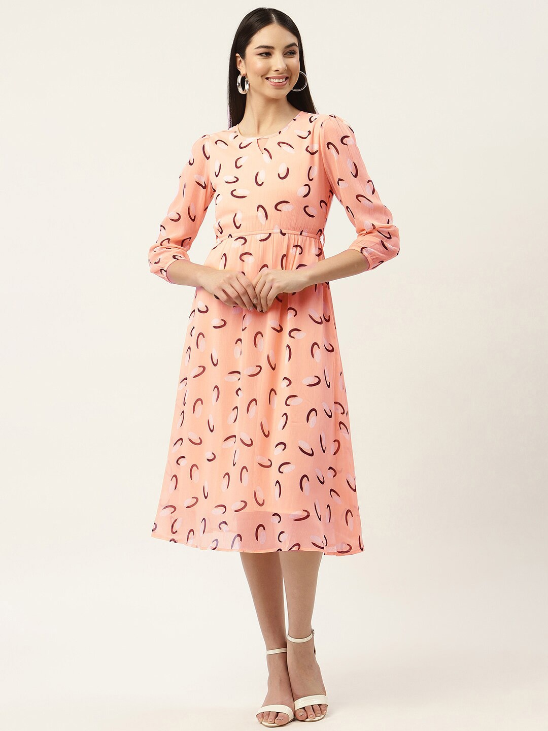 

Slenor Print Chiffon Fit & Flare Midi Dress, Peach