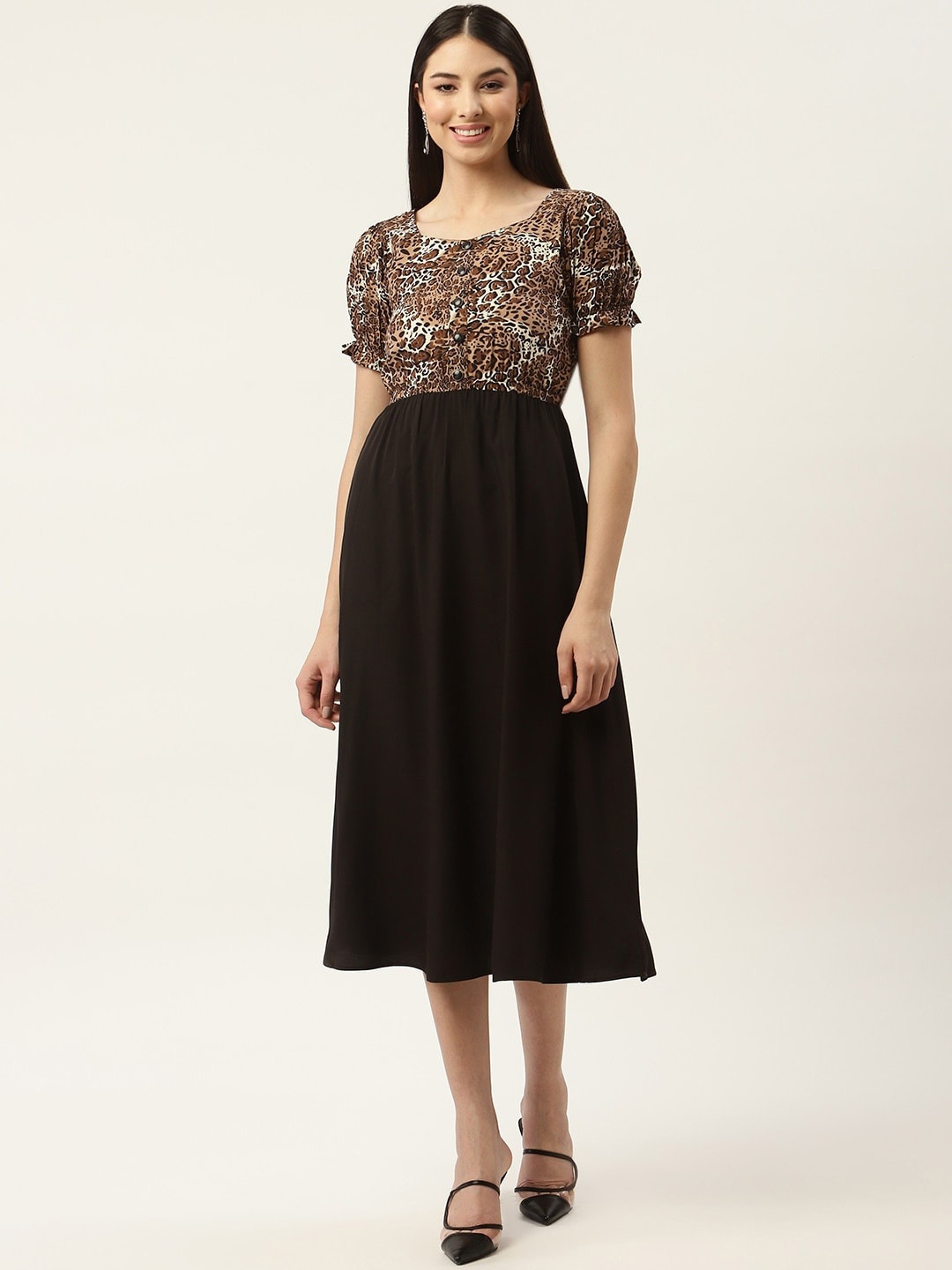 Slenor Floral Print Puff Sleeve Crepe Fit & Flare Midi Dress, Black