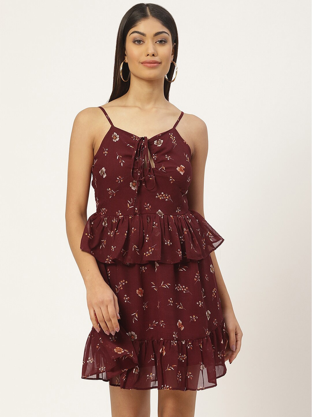 

Slenor Floral Print Layered Georgette Peplum Dress, Maroon