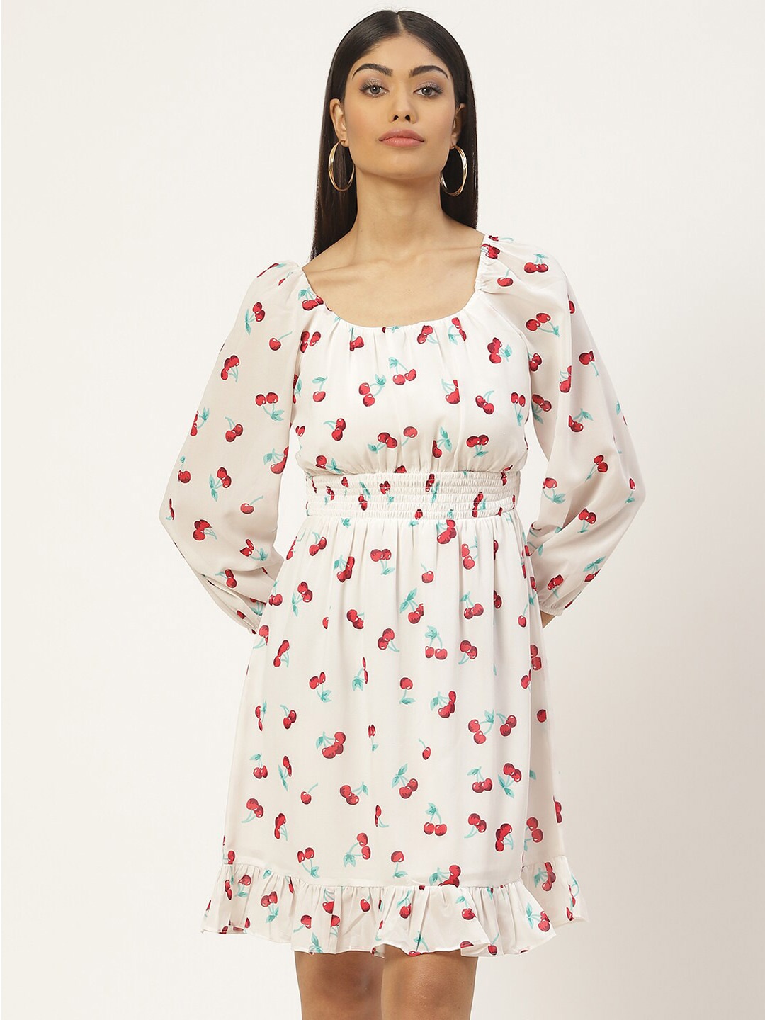 

Slenor Floral Print Puff Sleeve Georgette Fit & Flare Dress, White