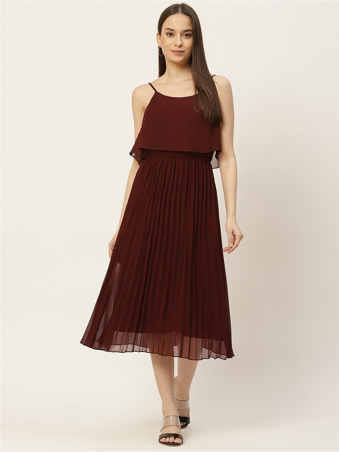 

Slenor Layered Georgette Fit & Flare Midi Dress, Brown