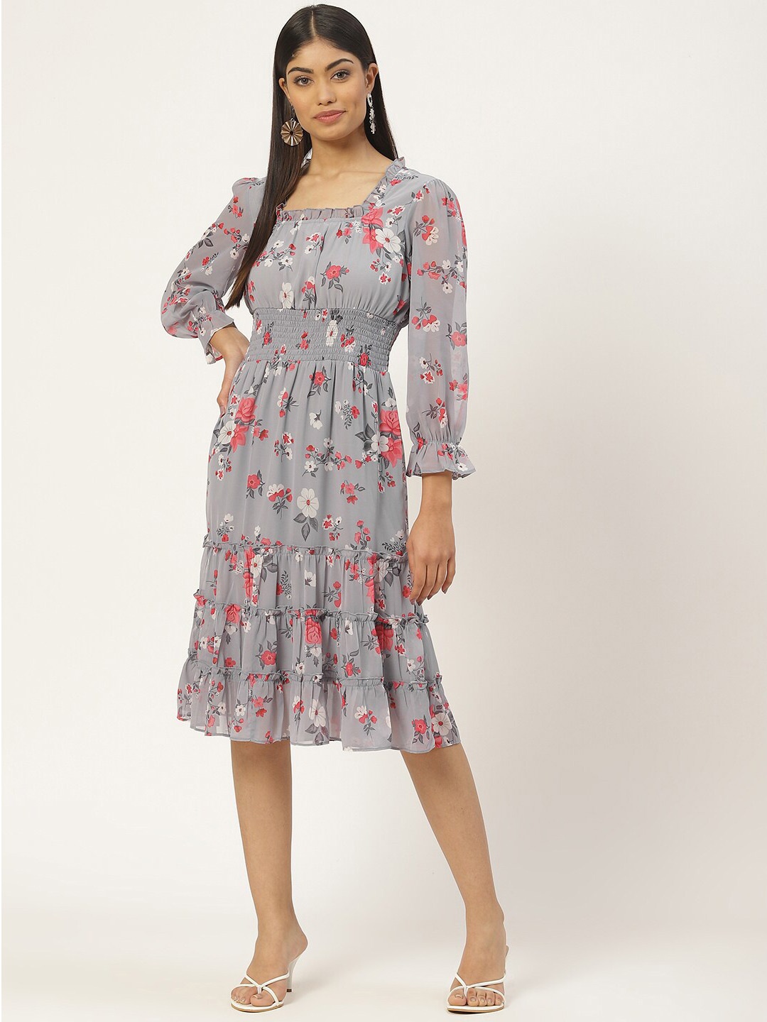 

Slenor Floral Print Puff Sleeve Georgette Fit & Flare Dress, Purple