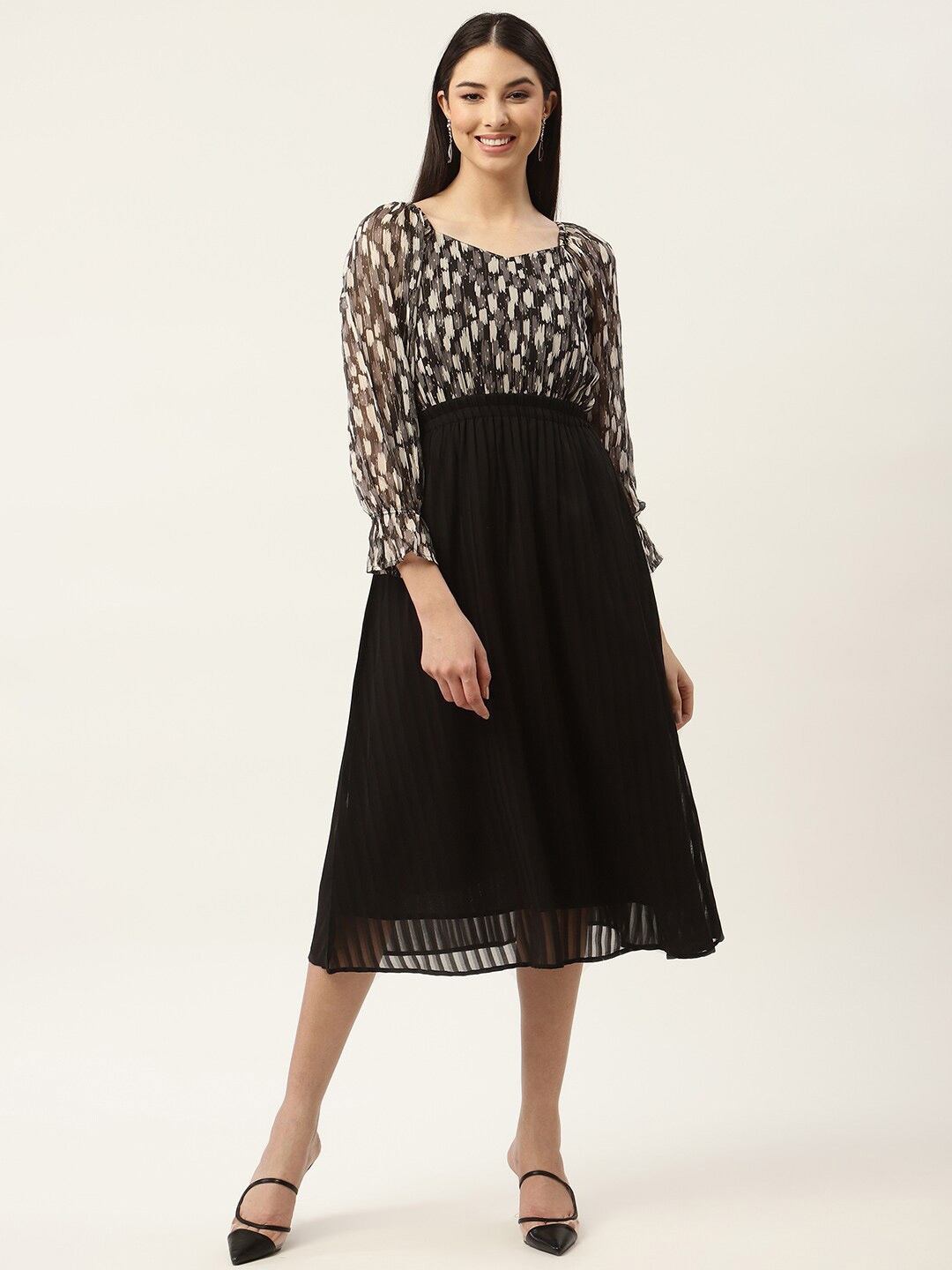 

Slenor Print Georgette Fit & Flare Midi Dress, Black