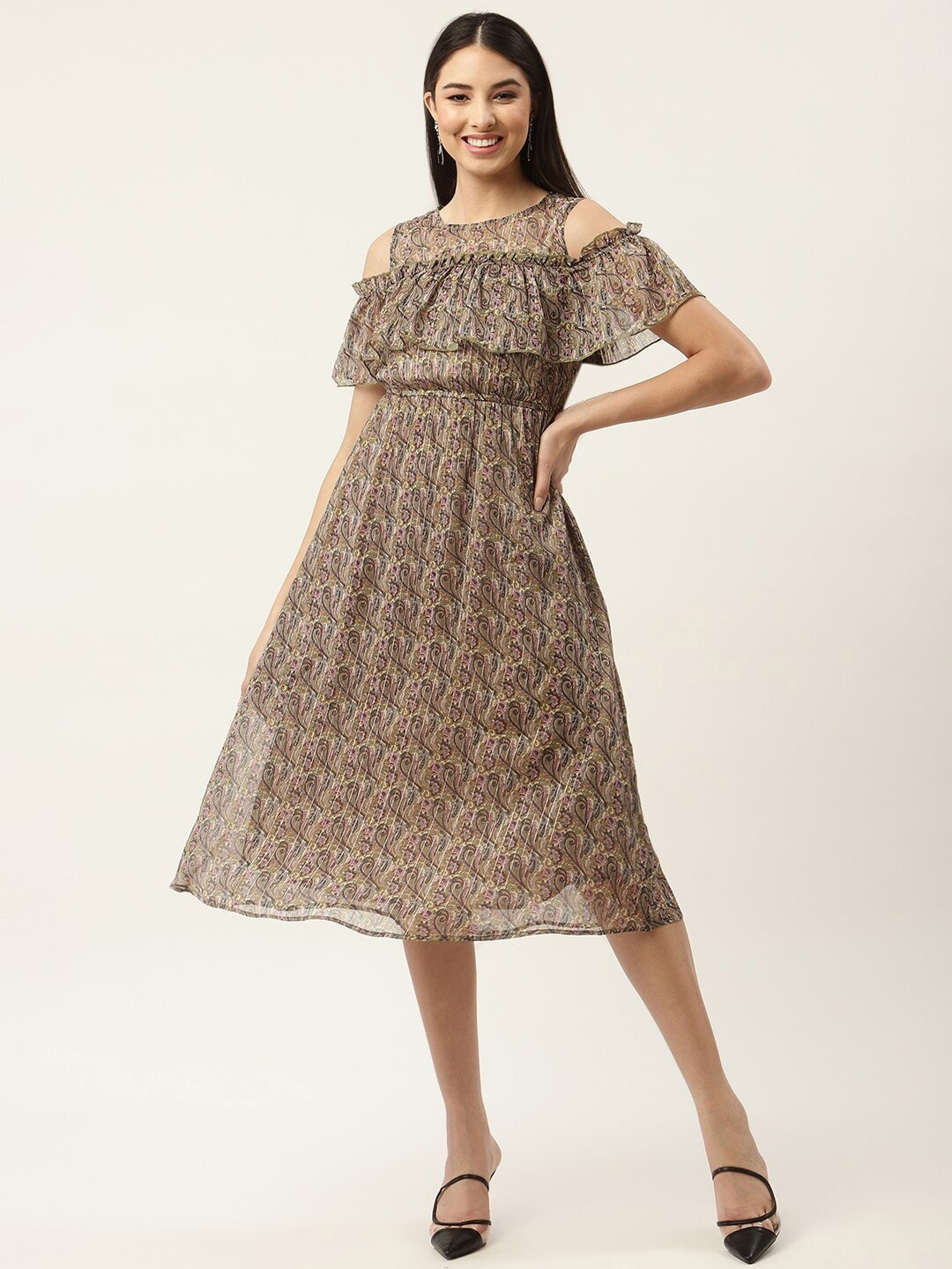

Slenor Floral Print Off-Shoulder Cold-Shoulder Georgette Fit & Flare Midi Dress, Brown