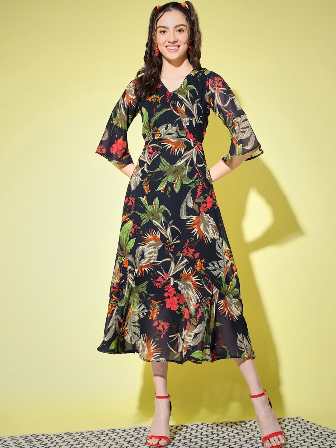 Slenor Floral Print Georgette Midi Dress, Black