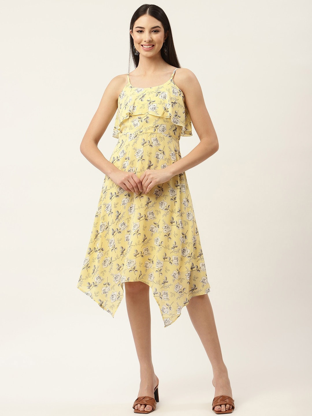 

Slenor Floral Print Layered Georgette Fit & Flare Midi Dress, Yellow