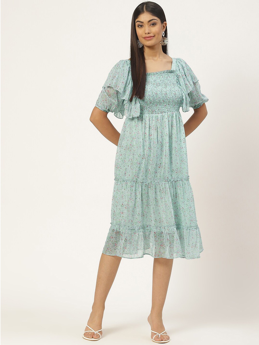 

Slenor Floral Print Flared Sleeve Georgette Fit & Flare Dress, Blue