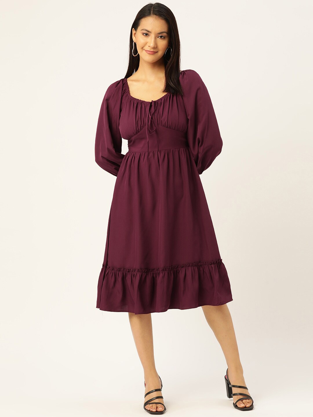 

Slenor Tie-Up Neck Puff Sleeve Georgette Fit & Flare Dress, Purple