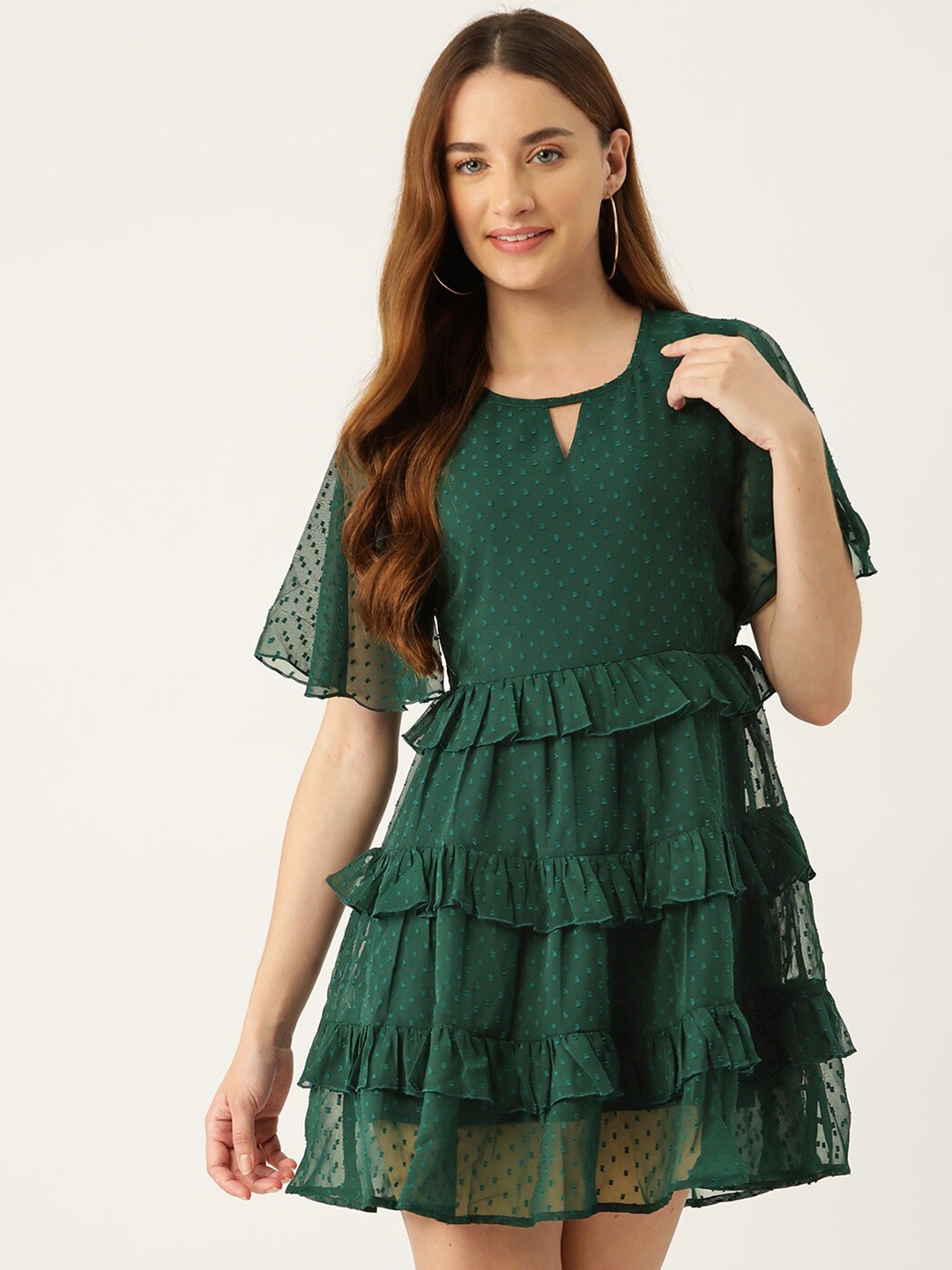 

Slenor Keyhole Neck Ruffled Georgette Fit & Flare Mini Dress, Green