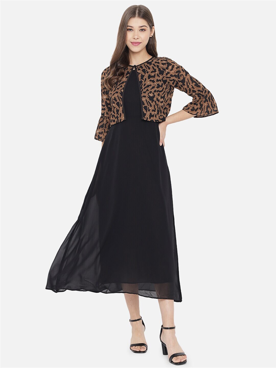 

Slenor Ethnic Motifs Bell Sleeve Layered Georgette A-Line Midi Dress, Black