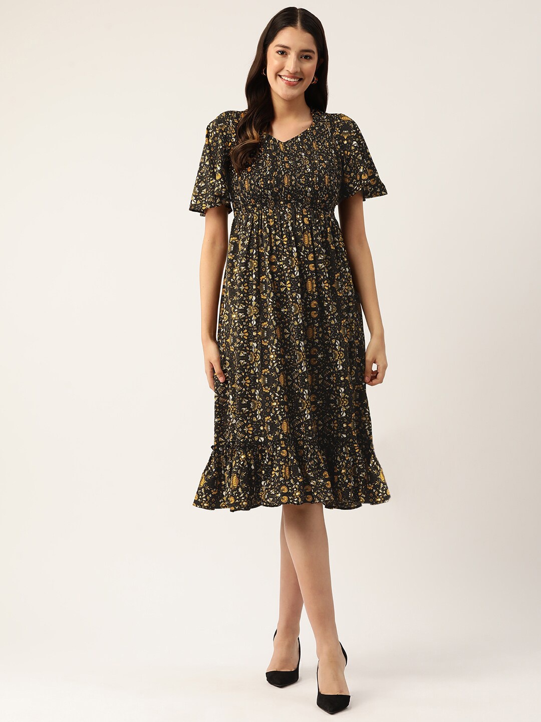 Slenor Floral Print Crepe Empire Dress, Black