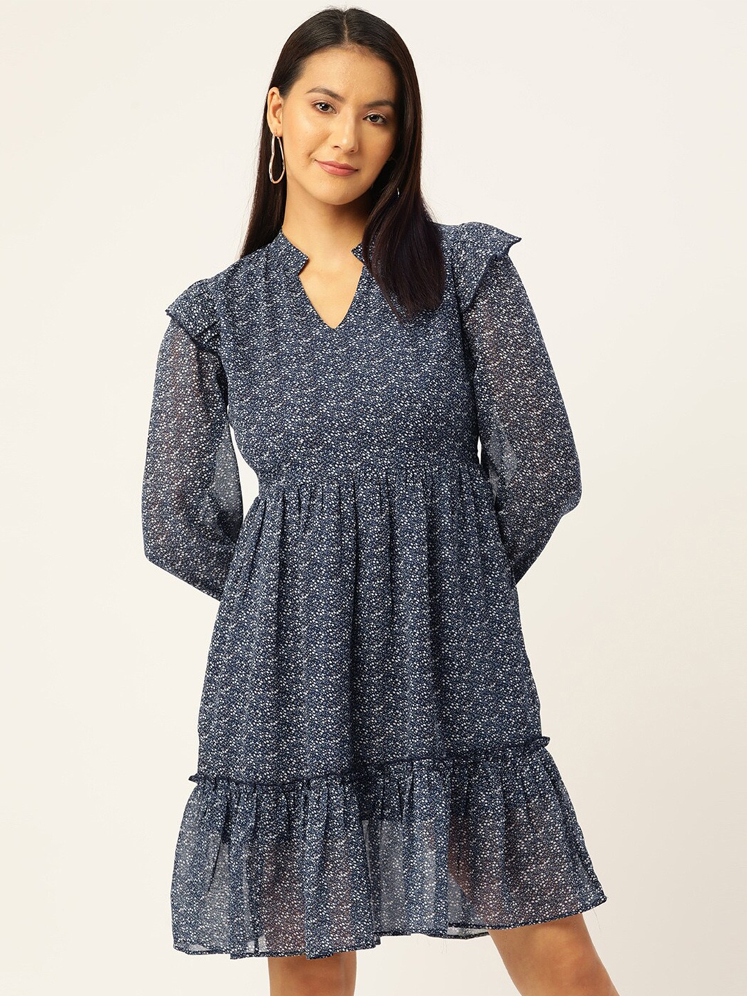 

Slenor Print Puff Sleeve Georgette Fit & Flare Dress, Blue