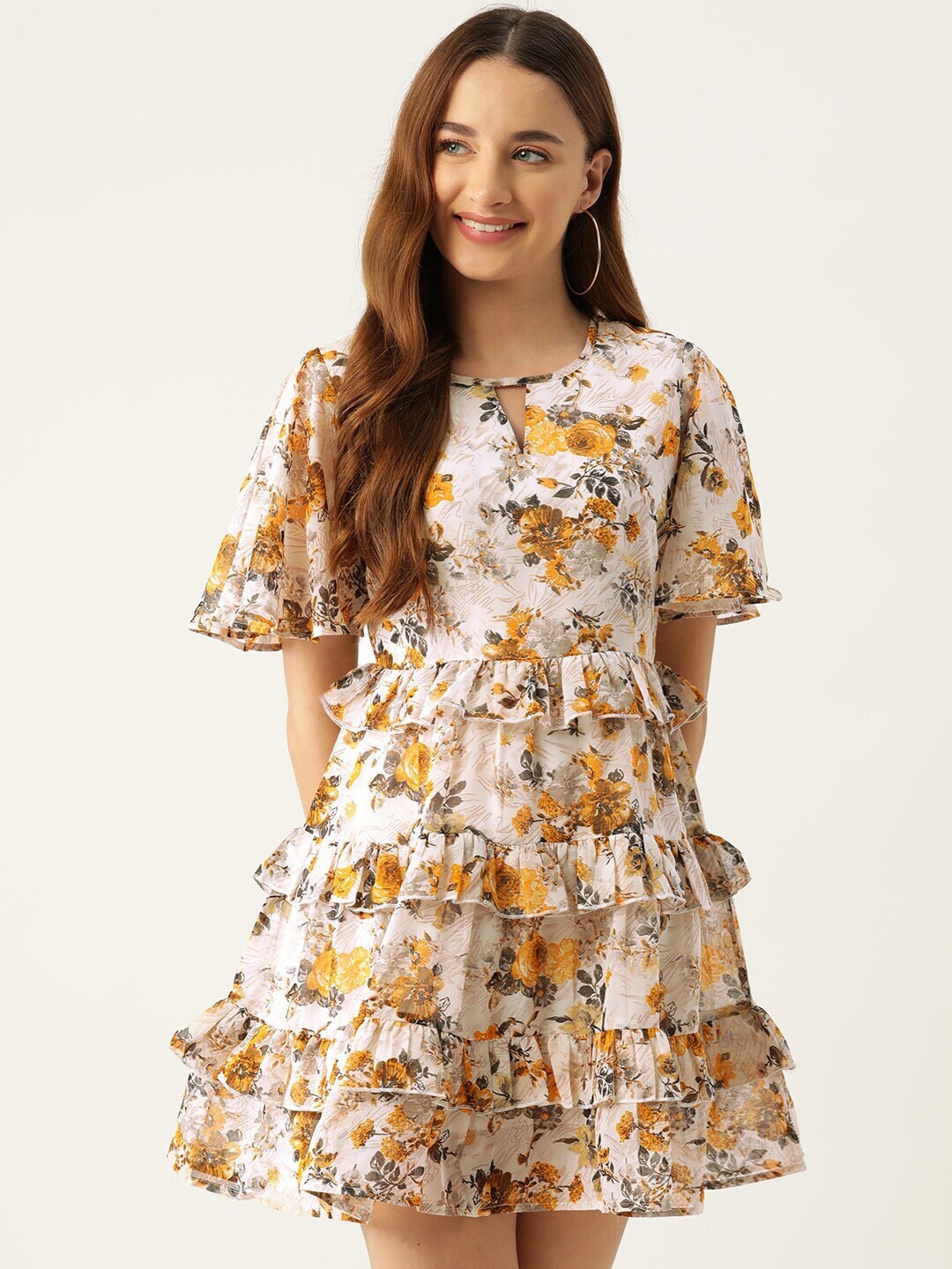 Slenor Floral Print Bell Sleeve Ruffled Georgette Fit & Flare Dress, Beige