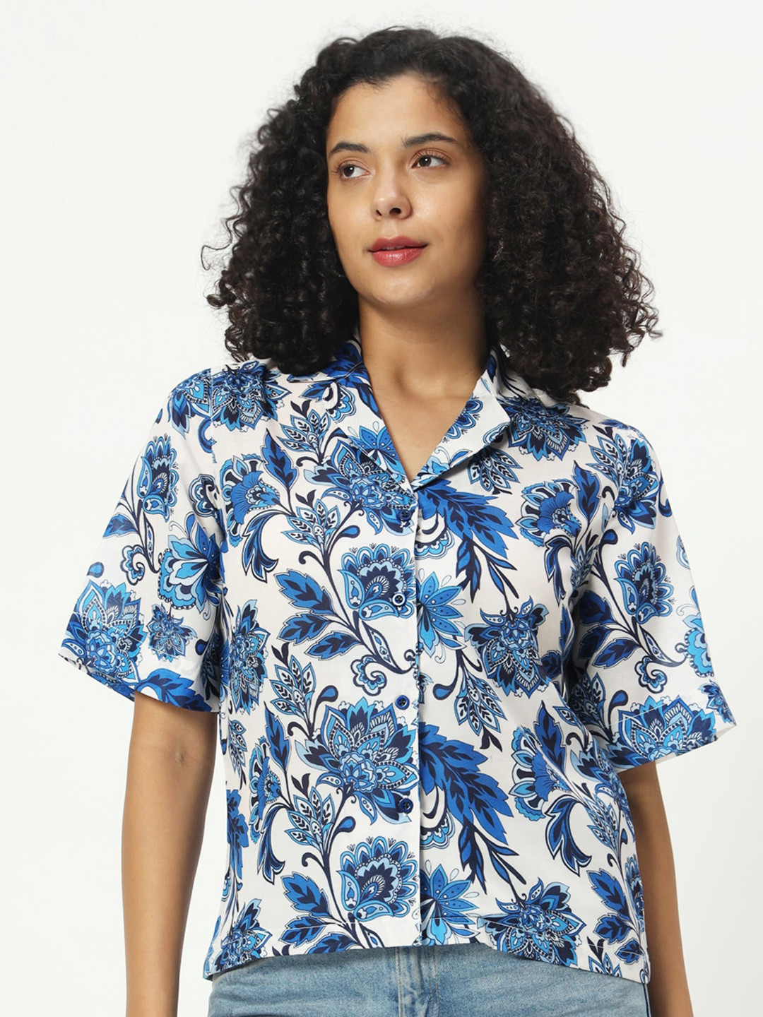

CHARMGAL Women Classic Opaque Printed Casual Shirt, Blue