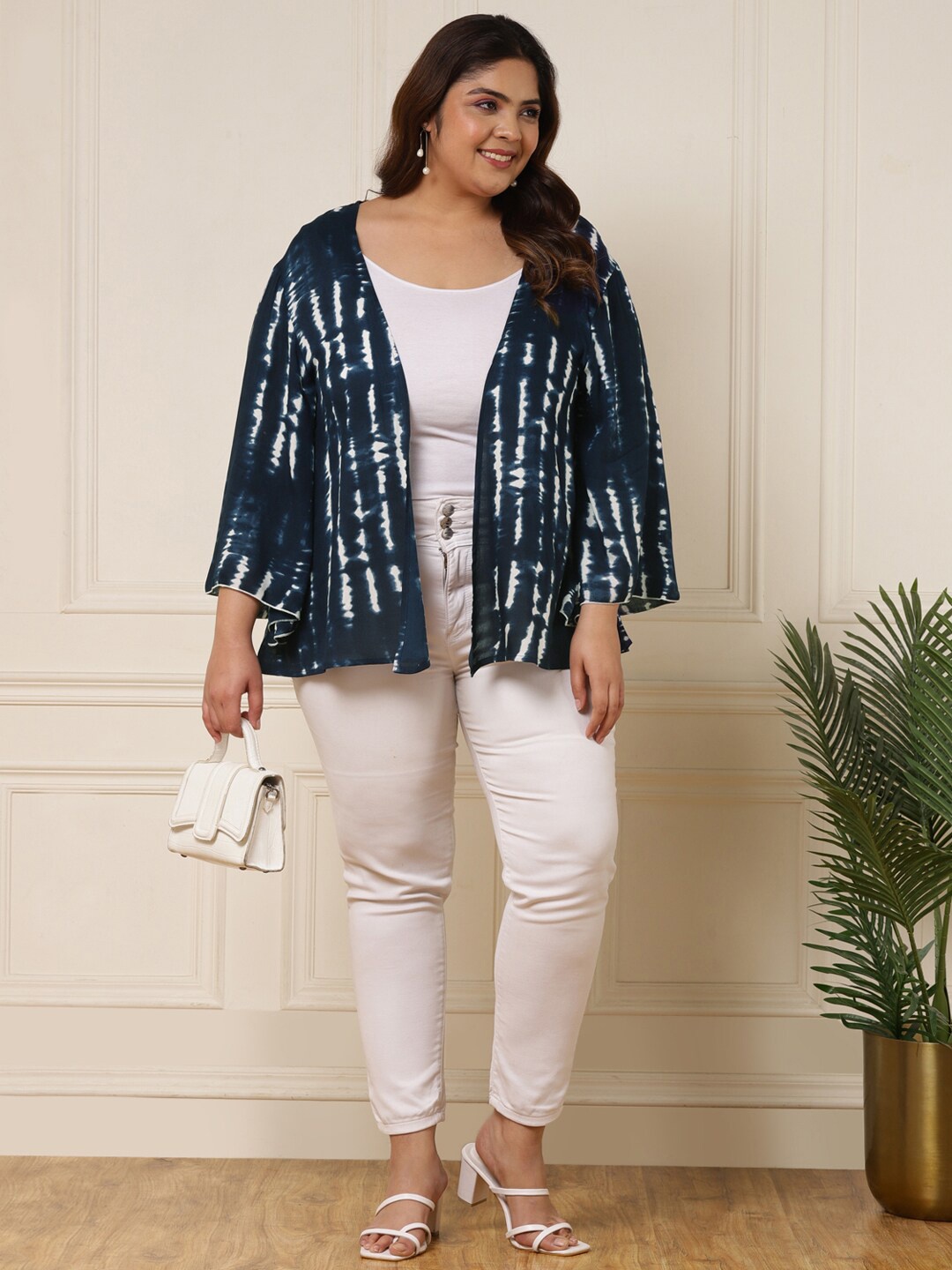 

DEEBACO Plus Size Tie & Dye Dyed Open Front Shrug, Navy blue