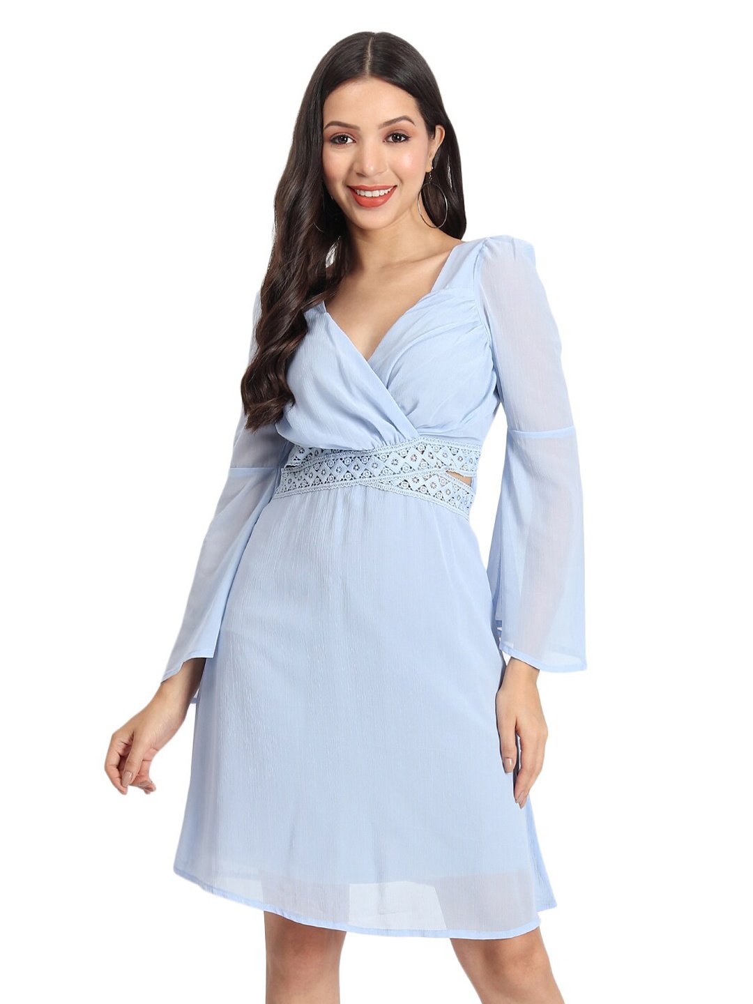 

BAESD Flared Sleeve Georgette Fit & Flare Dress, Blue