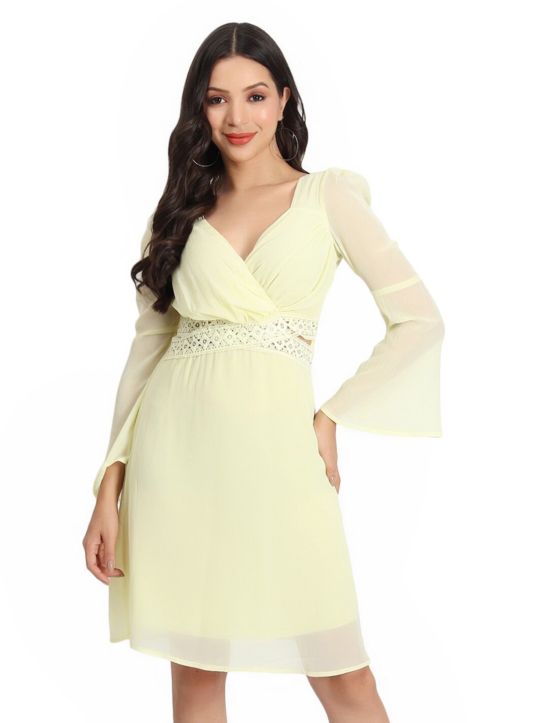 

BAESD Bell Sleeve Georgette Fit & Flare Dress, Yellow