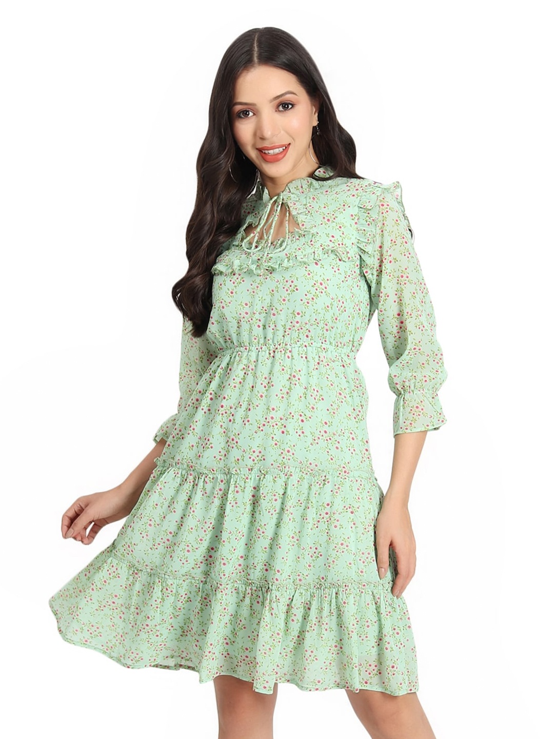 BAESD Floral Print Georgette Fit & Flare Dress, Green