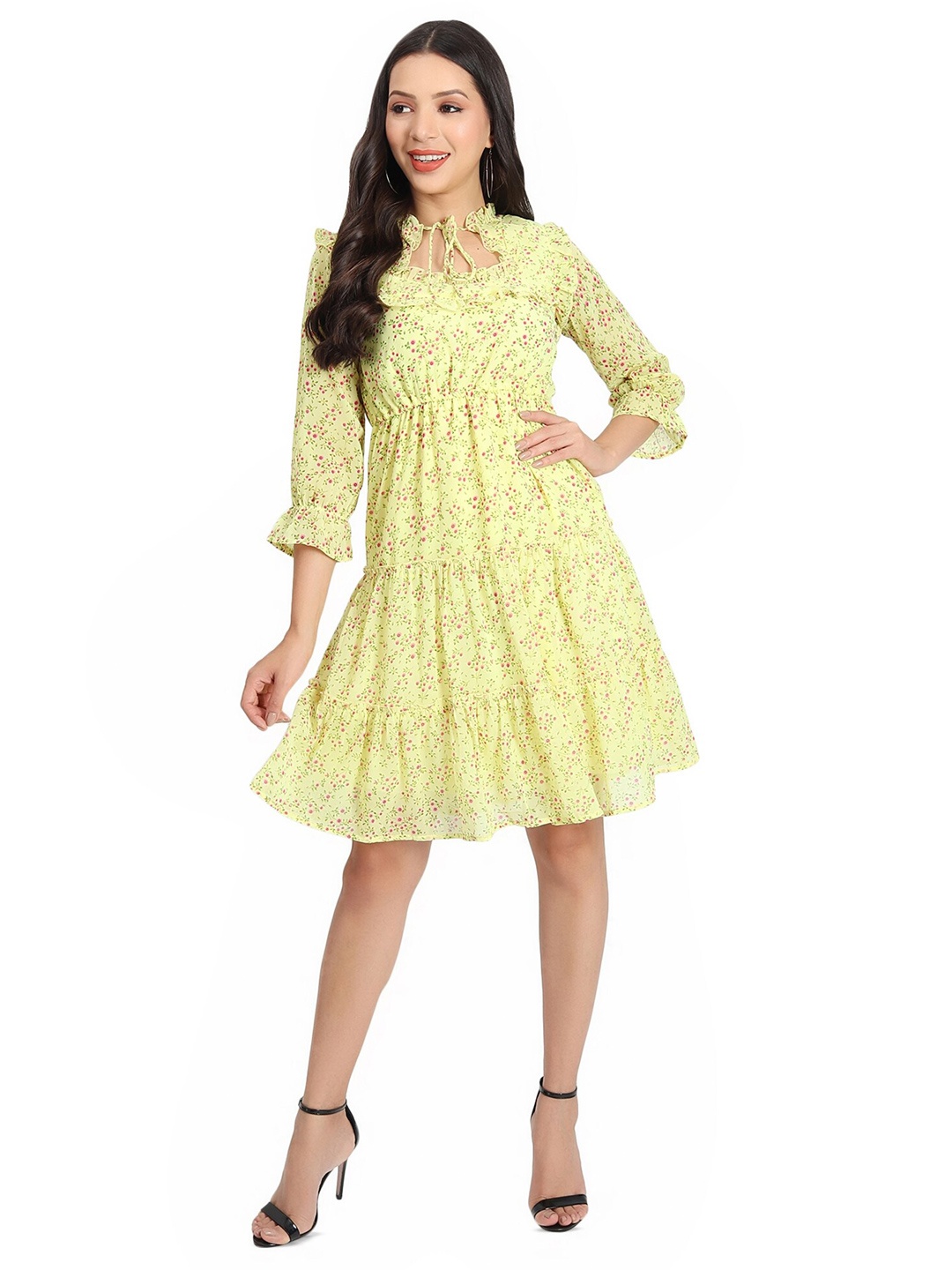 

BAESD Floral Print Georgette Fit & Flare Dress, Yellow