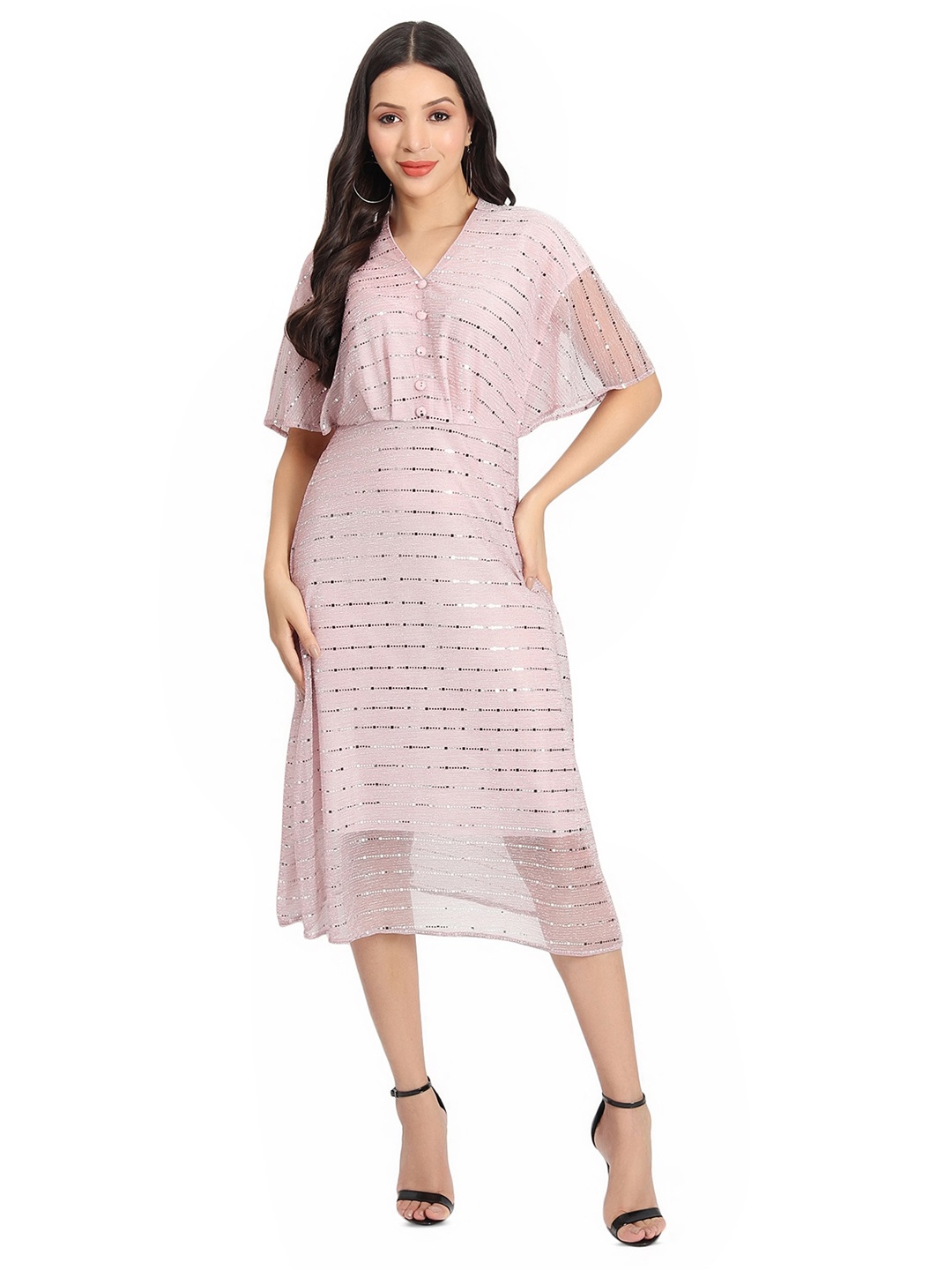 

BAESD Flared Sleeve Net A-Line Midi Dress, Pink
