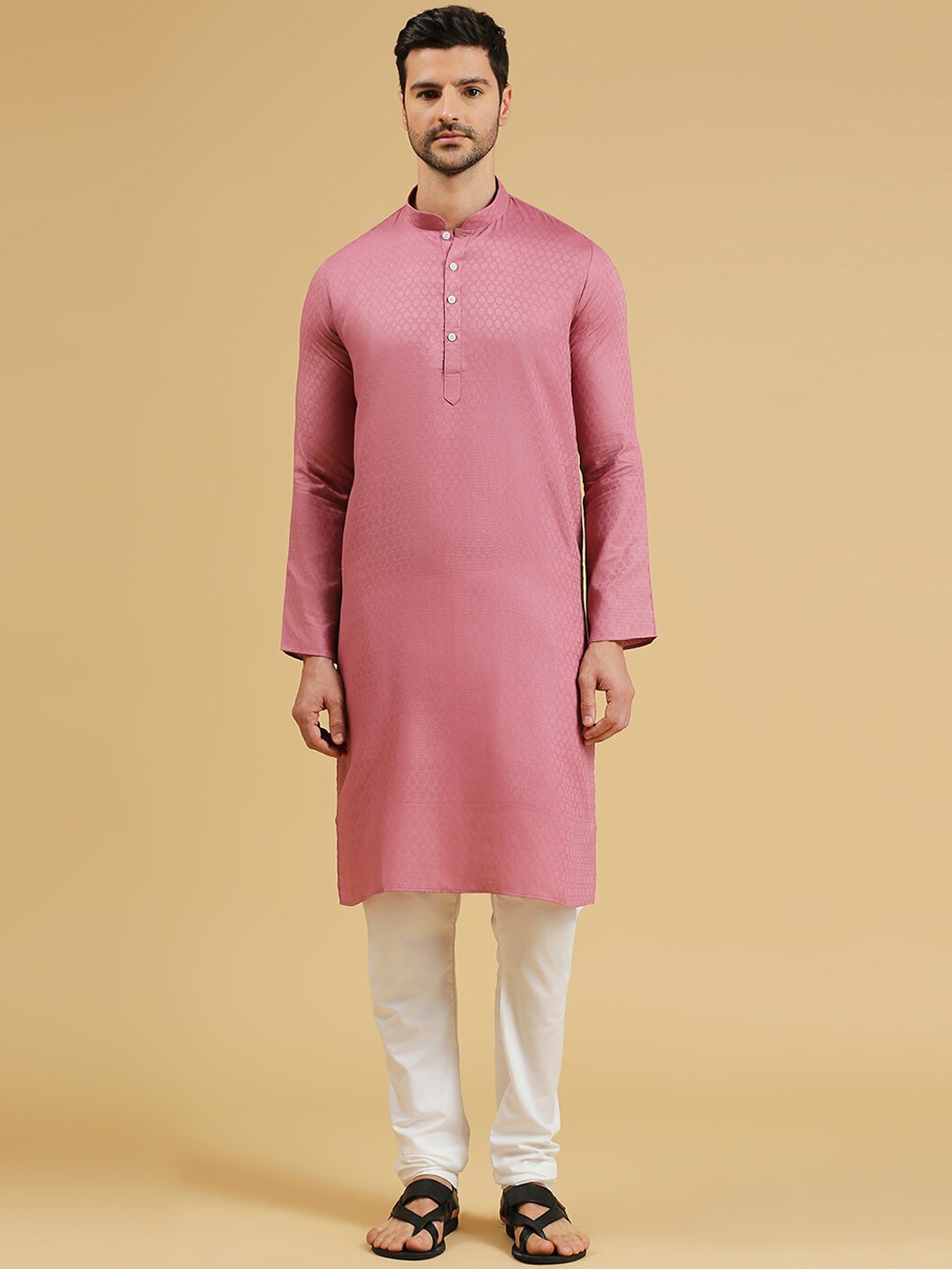 

RAJUBHAI HARGOVINDAS Mandarin Collar Regular Pure Cotton Straight Kurta with Churidar, Pink