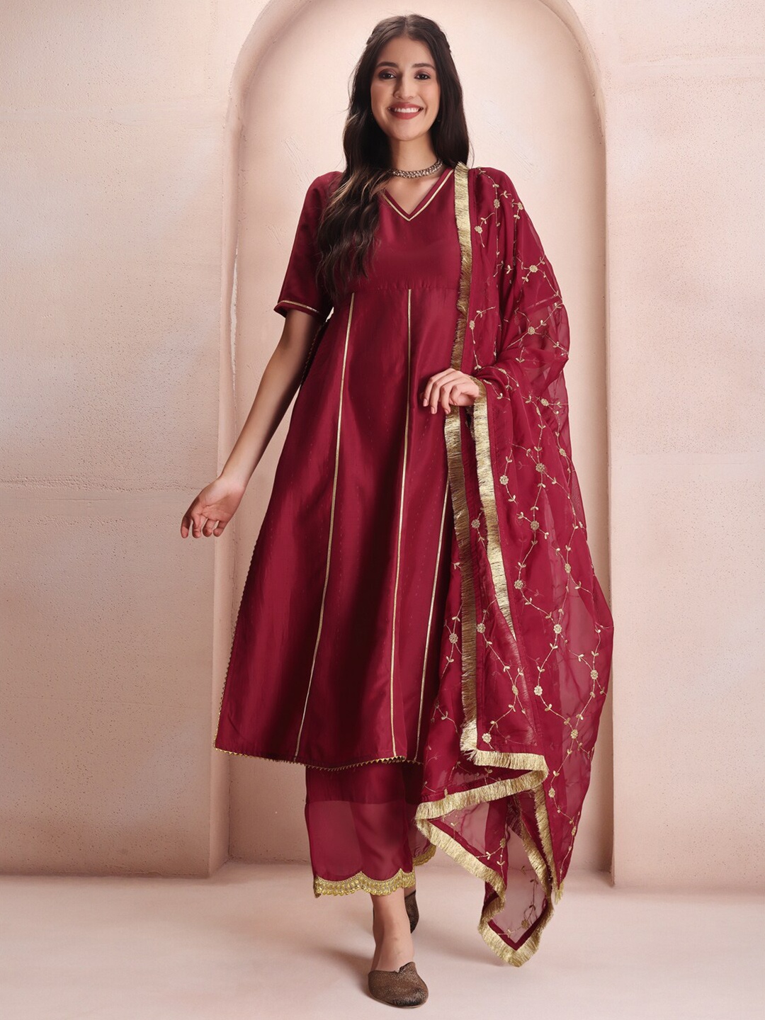 Inddus Embroidered Organza Fringed Dupatta, Maroon