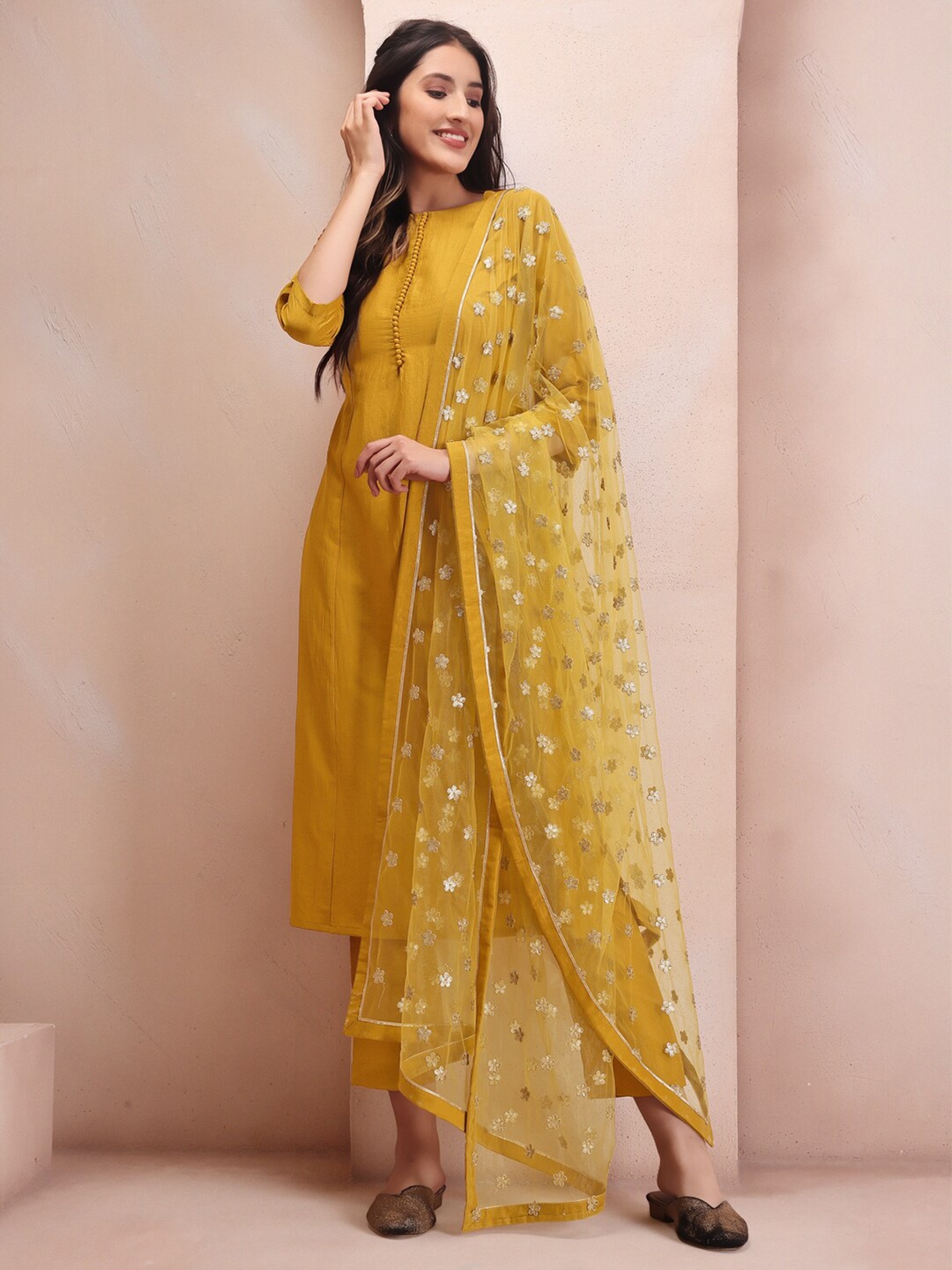 

Inddus Floral Embroidered Sequined Dupatta, Mustard