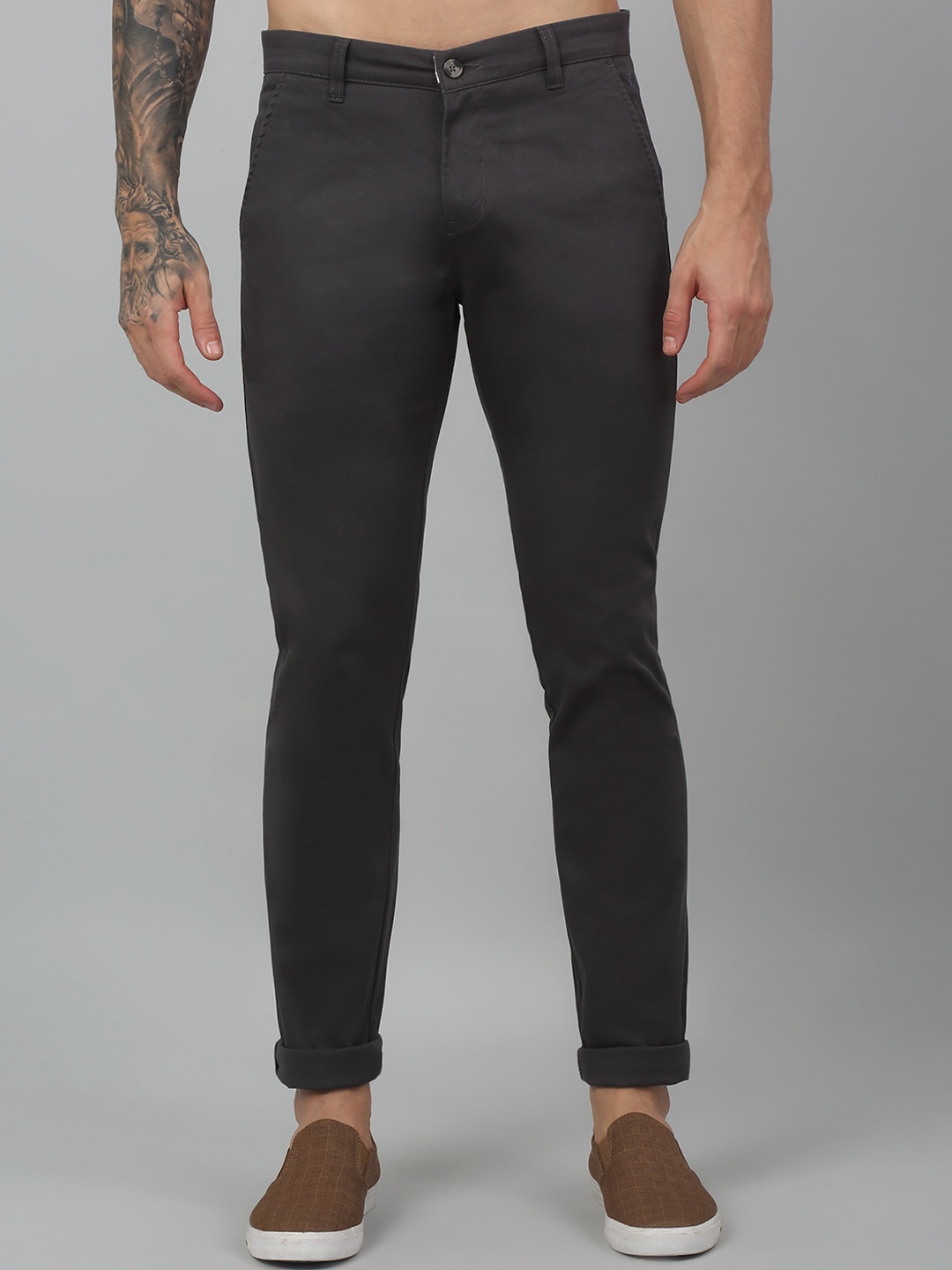 

Cantabil Men Regular Fit Mid-Rise Plain Cotton Regular Trousers, Grey