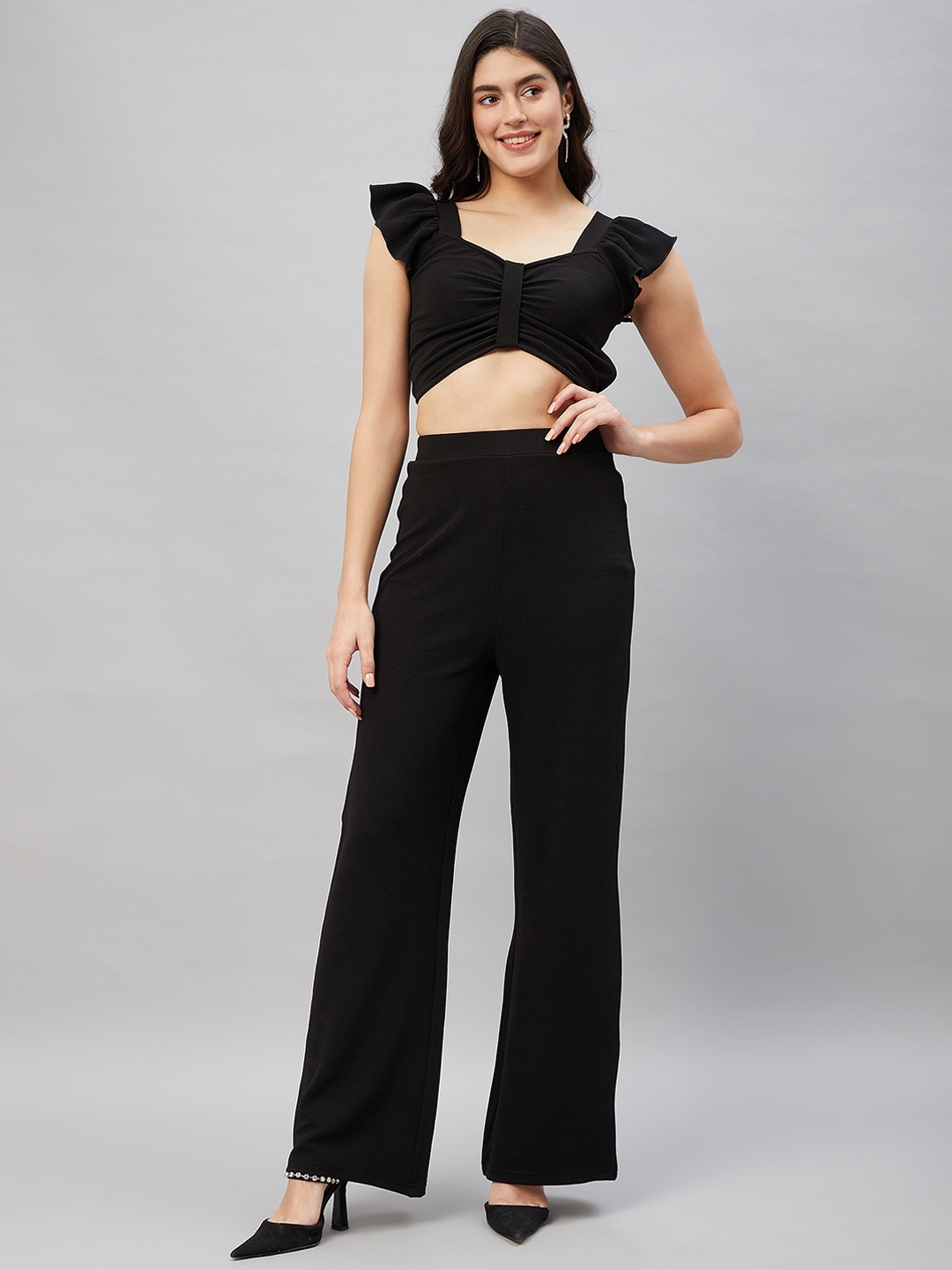 

Orchid Blues Stretchable Crop Top With Flared Trousers Co-Ords, Black