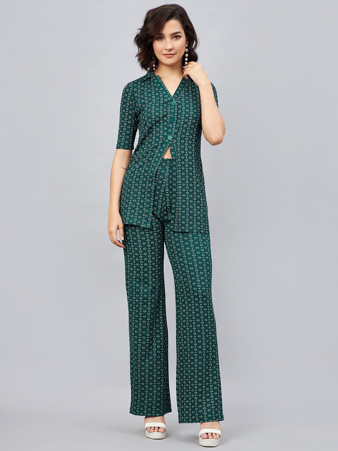 

Orchid Blues Printed Top With Trousers Co-Ords, Green