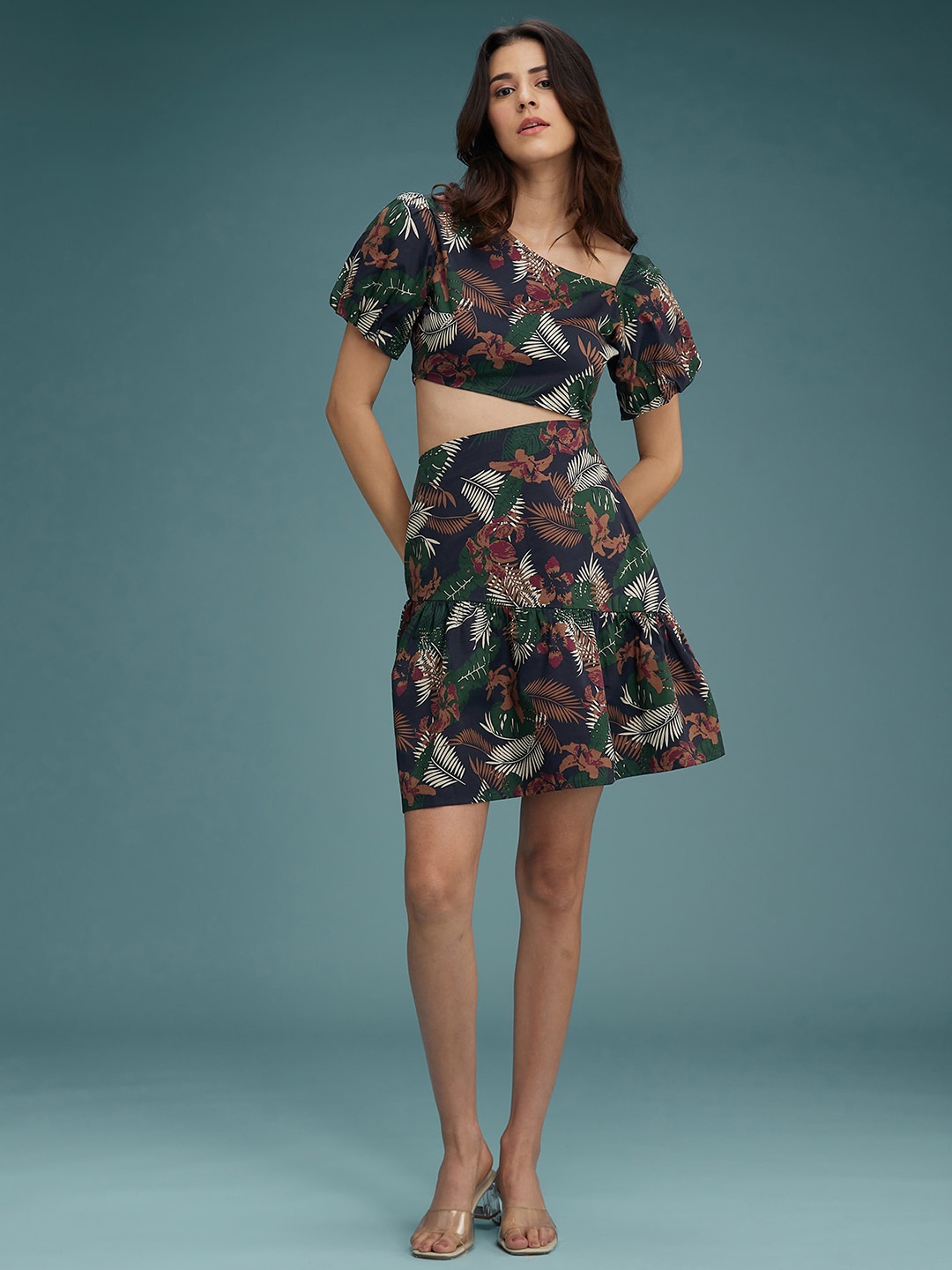 

DressBerry Floral Print Puff Sleeve Fit & Flare Dress, Black