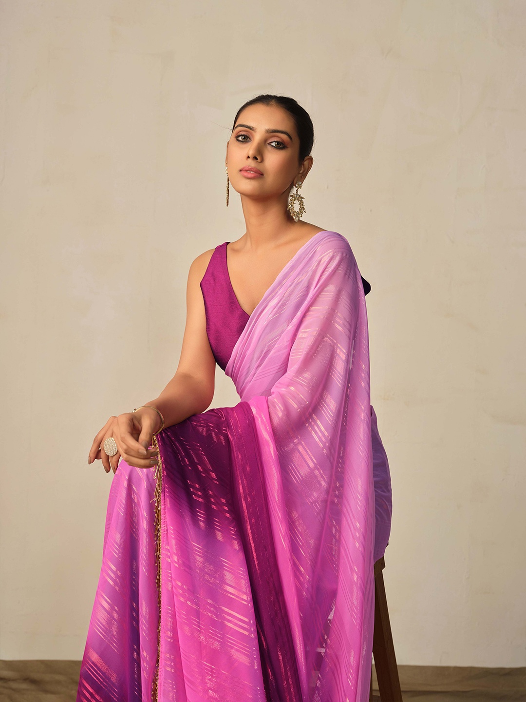 

Sangria Striped Party Saree, Pink
