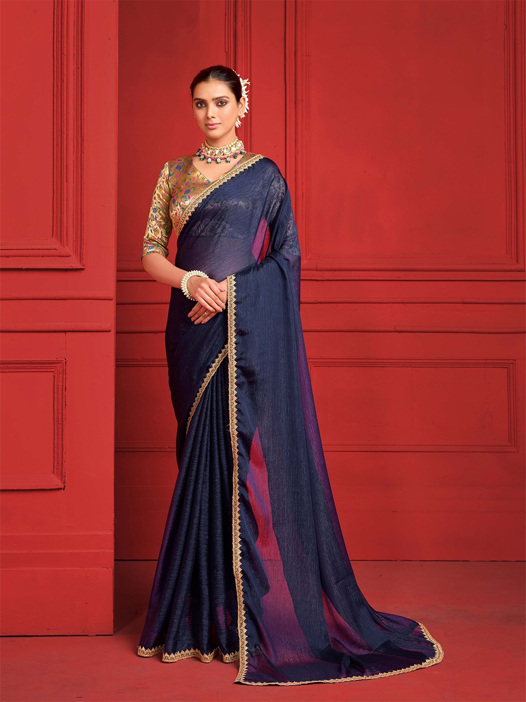 

Sangria Embroidered Border Saree, Navy blue