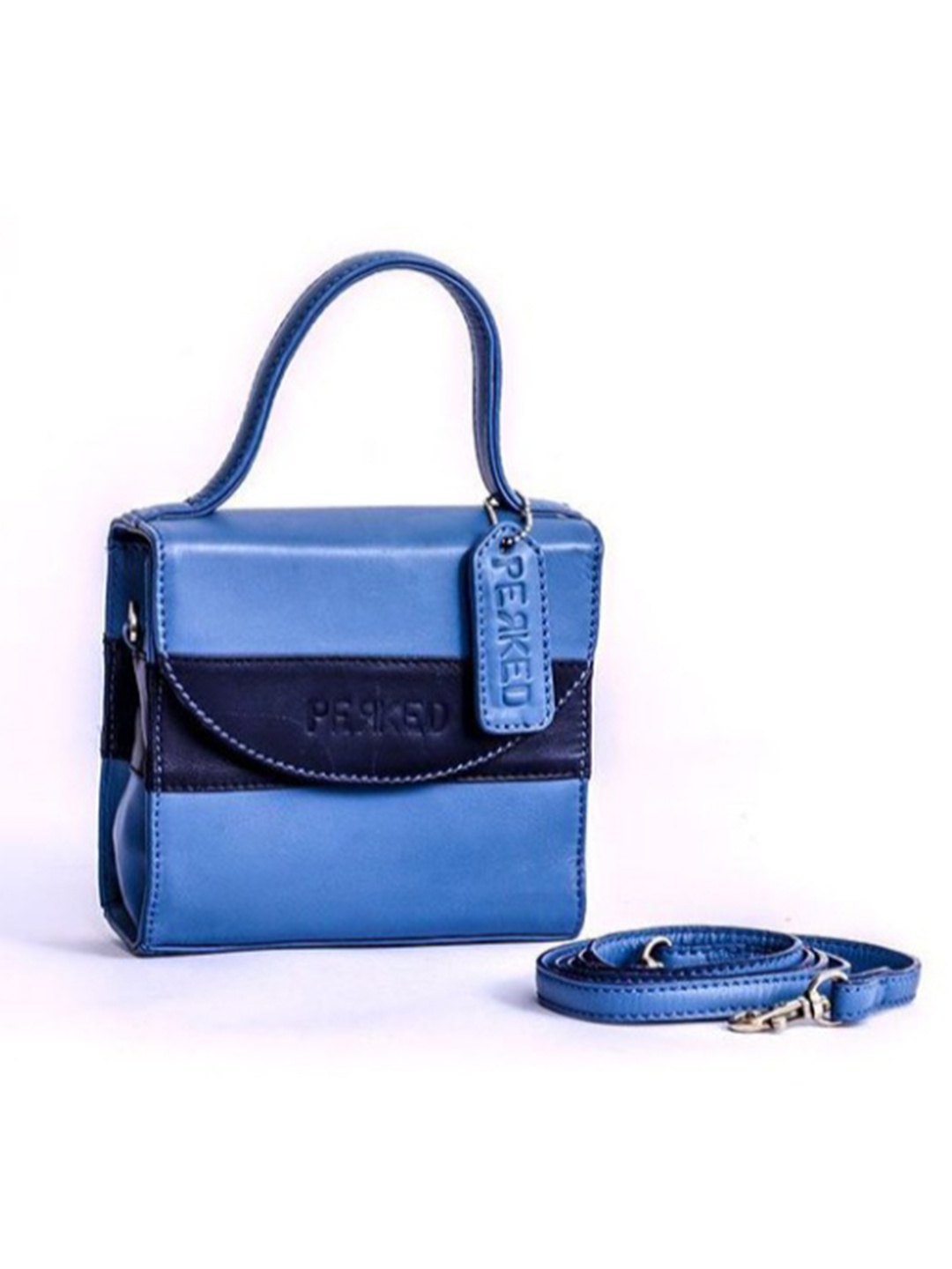 

PERKED Colourblocked Leather Structured Sling Bag, Blue