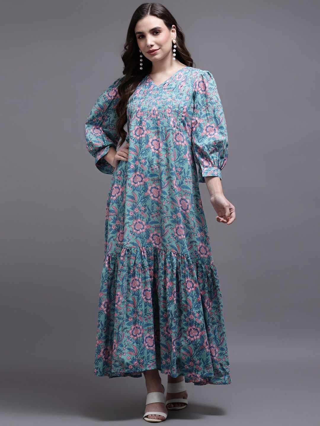 

Cora Floral Printed A-Line Maxi Ethnic Dresses, Blue