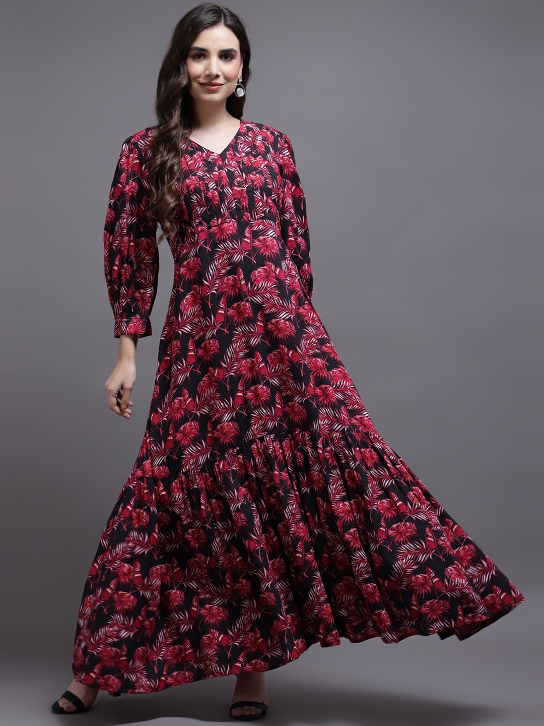 

Cora Floral Print Cuffed Sleeves A-Line Maxi Ethnic Dress, Red